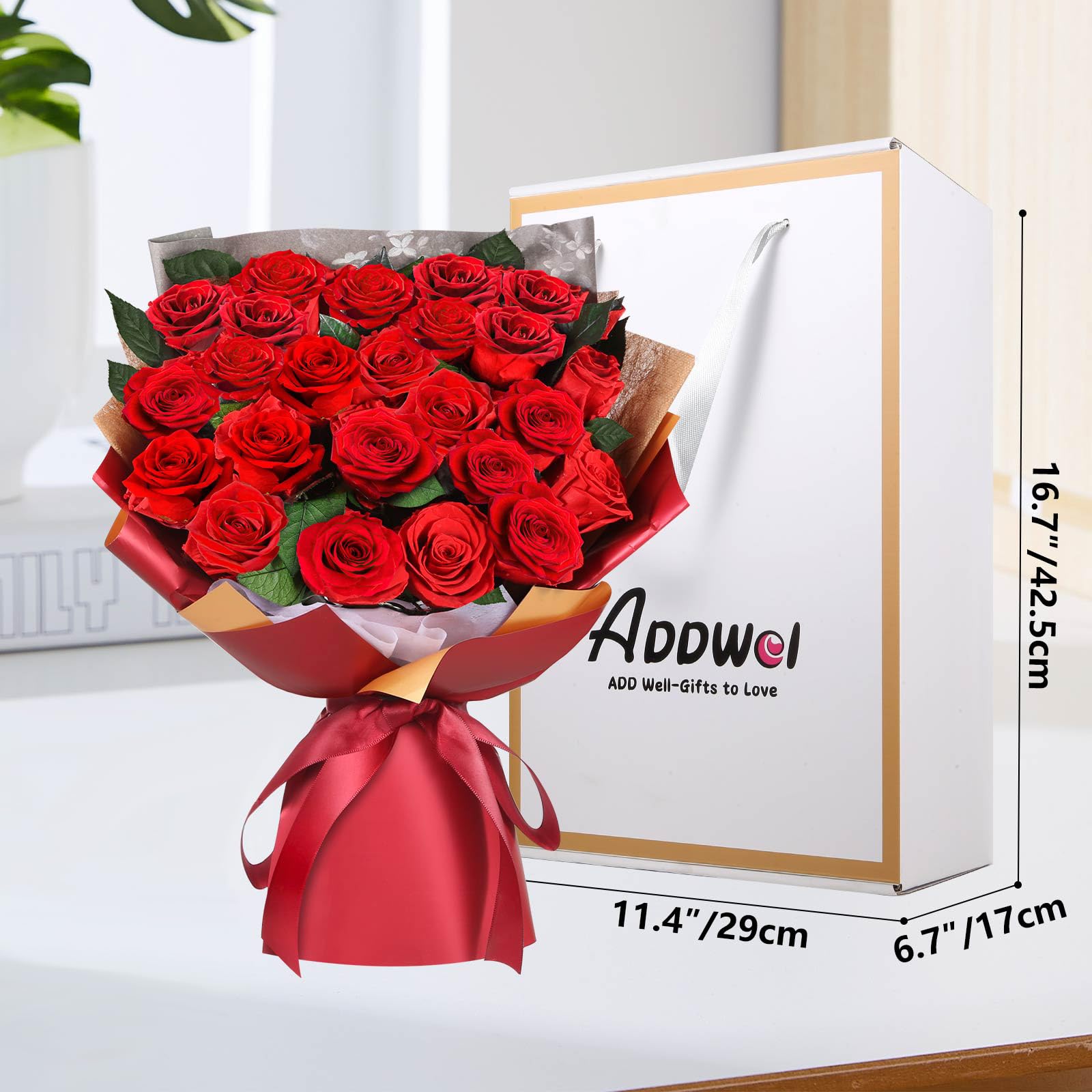 ADDWel Ewiger Rosenstrauß mit 24 echten konservierten roten Rosen, Infinity Rosen Blumenstrauß, Geschenke für Frauen, Geschenk für Freundin Mama Ehefrau zum Geburtstag, Jahrestag Weihnachten