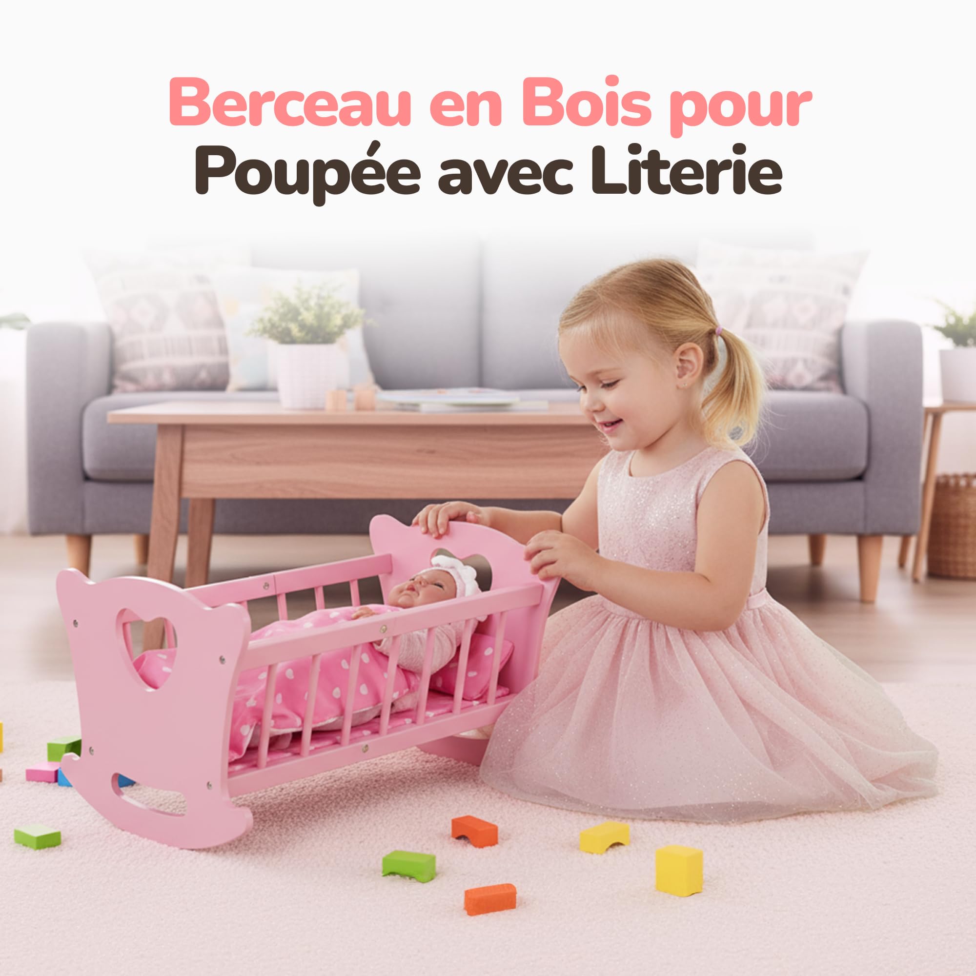 Kinderplay Berceau de poupée en Bois avec Parure de lit - Lit à Bascule pour poupées jusqu'à 49,5 cm - Jouet en Bois Durable pour Filles à partir de 3 Ans - Lit de poupée avec Matelas, Coussin et