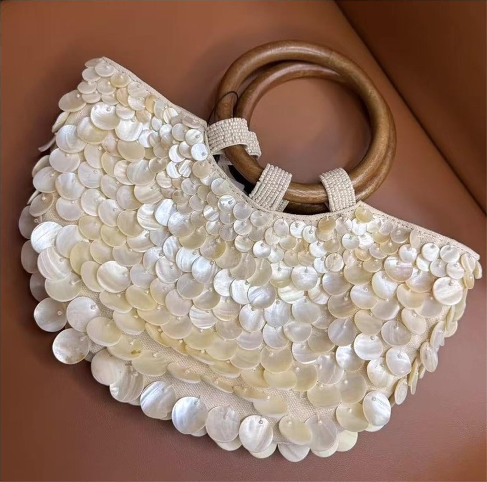 Torebka Z Koralikami Ręcznie Robiona - Muszle, Biała, 9,45*1,97*7,09 Cala, 320g, 2 Uchwyt, 4 Komórki, Klapa, Crossbody, Uniseks, Dorosły
