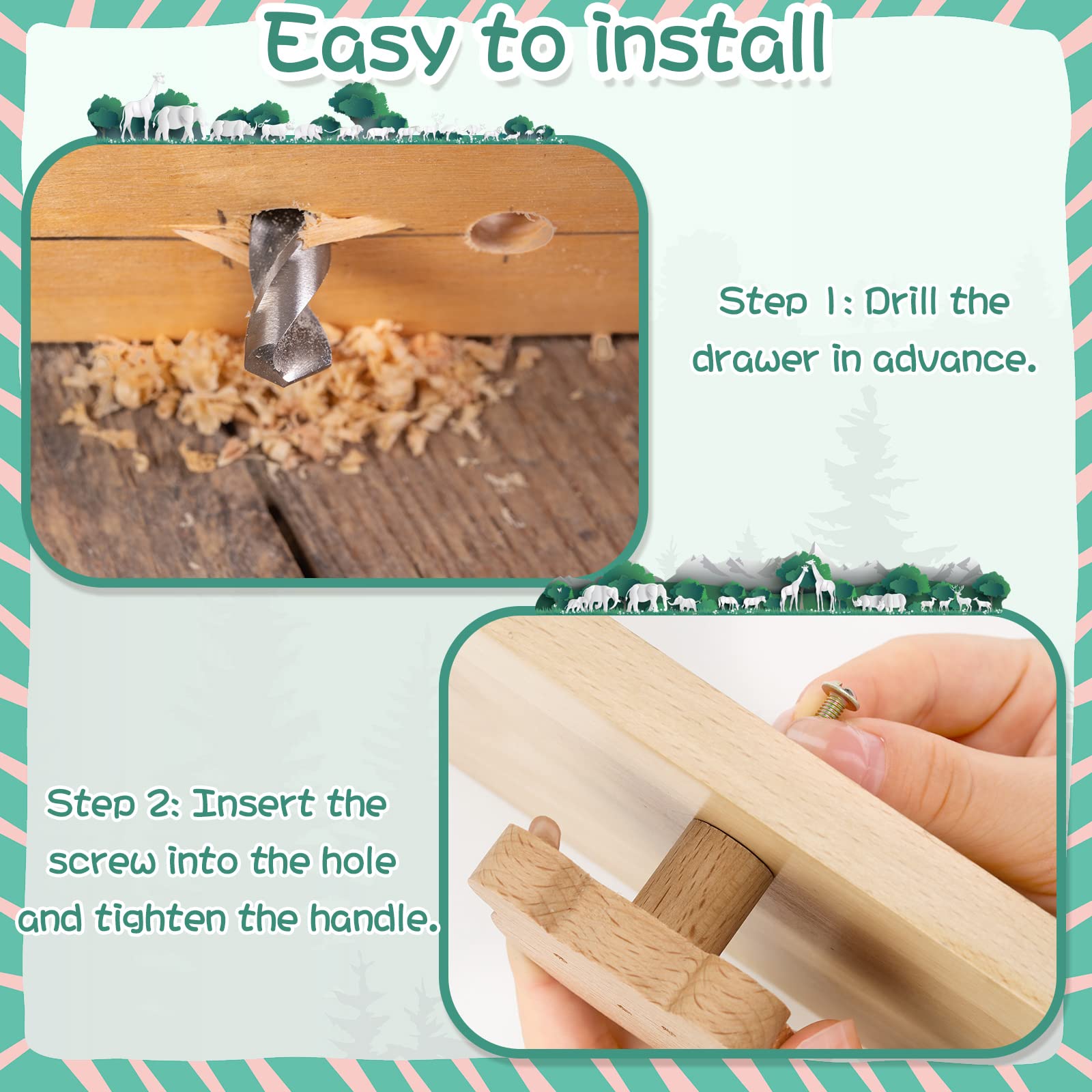 Qunclay, Pomelli decorativi in legno a forma di animale per cassettiera, con viti, per cassettiera, maniglie per la cameretta dei bambini, decorazione per mobili per la casa, carini, set da 12