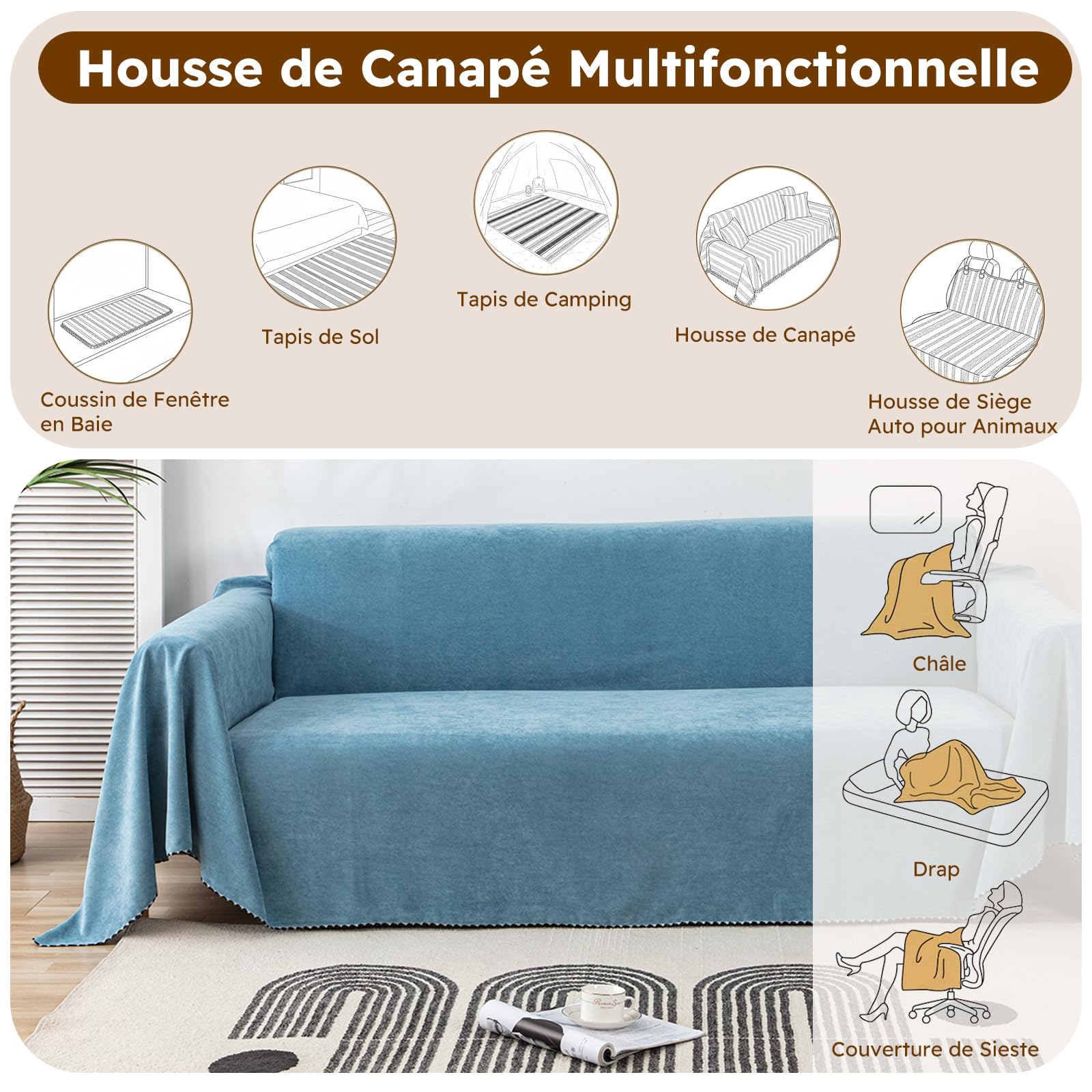 Imperméable Housse de canapé Extensible Serviette de canapéAnti-poussière Canapé Couverture Lavable Protège Canapé Canapé Serviette pour Domestiques Animaux Enfants 180 * 300cm-Bleu Clair
