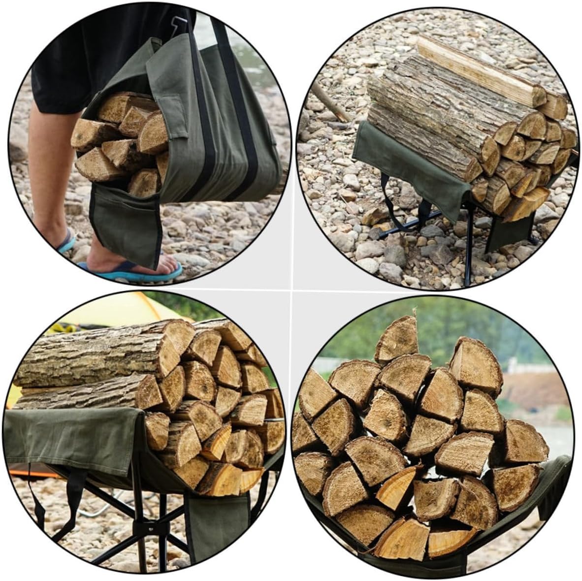 KICHOUSE Portable Firewood Carrier with Aluminum Alloy Rack and Canvas Bag