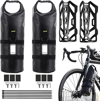 ENLEE 2packs Front Bike Fork Bag with Multipurpose Cage, 5L Waterproof Dry Bike Bags for Bicycles, Lightweight Portable Roll Top Design Bike Packing Fork Bags, Suitable for Fat Frame Mountain Bikes