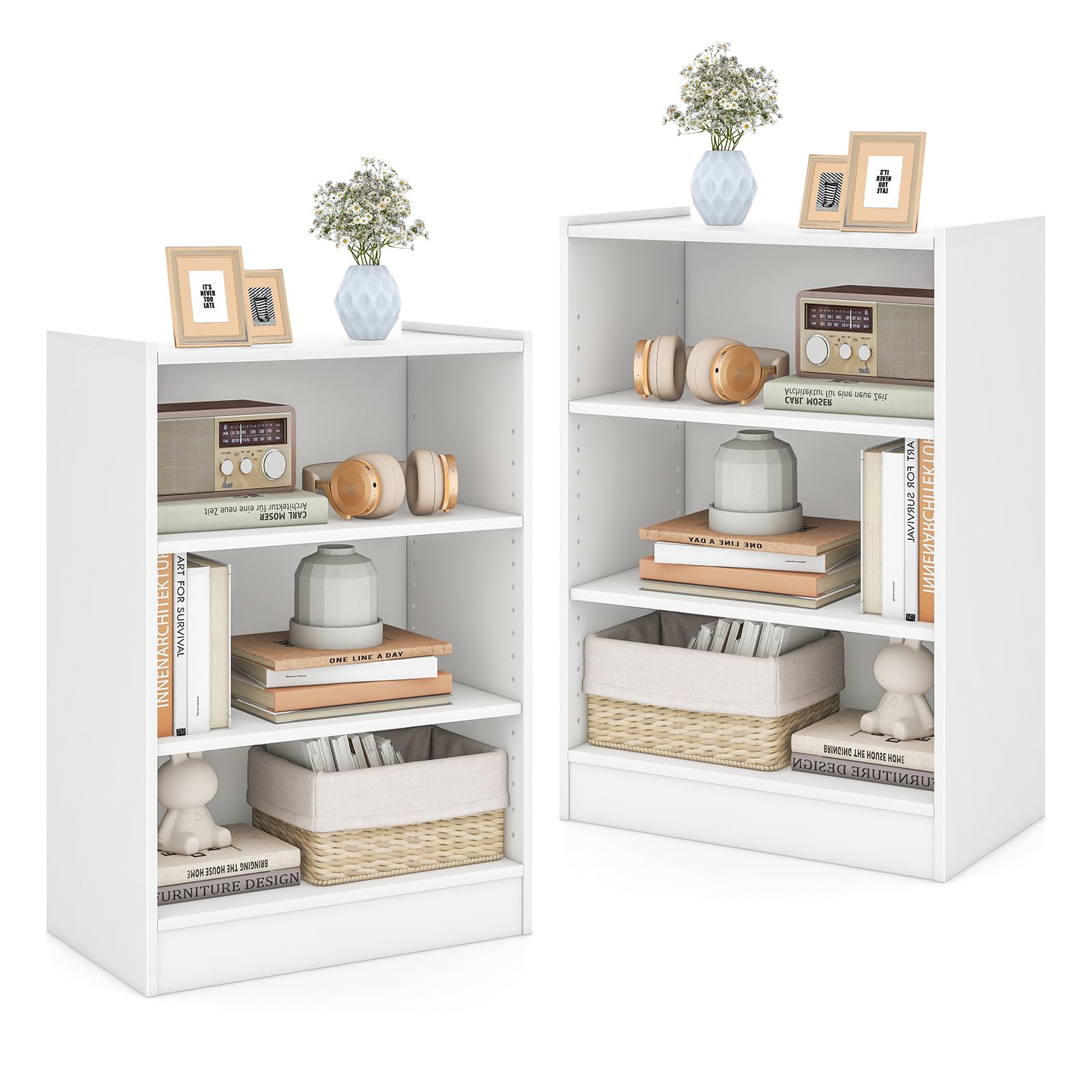 Giantex 3-Cube Bookcase of 2 White, 3-Tier Modern White Open Bookshelf with Adjustable Shelves, Anti-Tipping Device, Small Wood Cube Storage Organizer