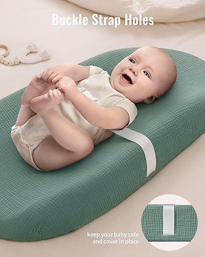 Miniatura 3 de Blissful Diary Funda para cambiador de muselina para niñas y niños, fundas suaves para cambiar pañales para bebés, paquete de 2 (verde romano y