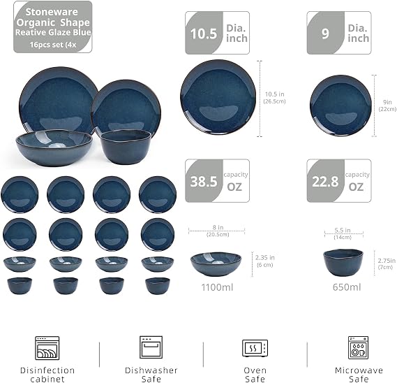 HomeVSS Highland 16pc Dinnerware Set, Unique Organic Shape Double Bowl, Stoneware Plate & Bowl Dish Set Service for 4, Scratch Resistant, Microwave & Dishwasher Safe, Natural Reactive Glaze, Blue