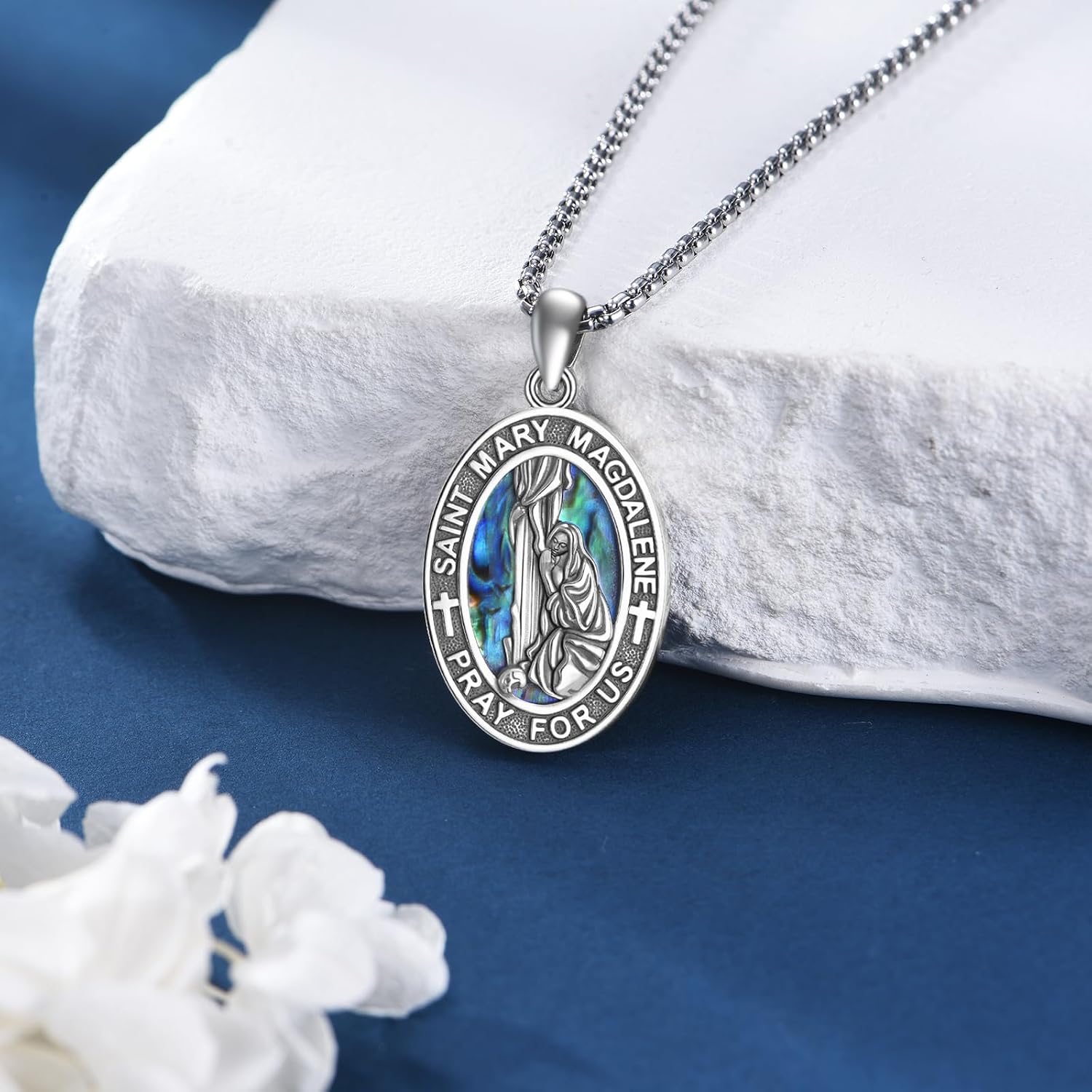 Saint Necklace 925 Sterling Silver Christopher Armor of God/Virgin Mary/Magdalen/7 Arcangel/Joan of Arc/Serenity Prayer Hands/James Pendant Abalone Shell Religious Jewelry Gift Women Men
