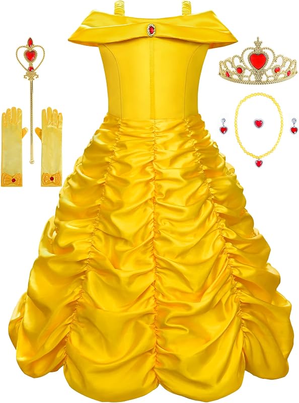 Disfraz de Princesa para Niña Vestido de Princesa Amarillo con Accesorios | Vestidos de Princesa para Niñas Pequeñas con Disfraz en el Hombro, para Fiesta de Cumpleaños de Cosplay de Halloween, 3-9 Años