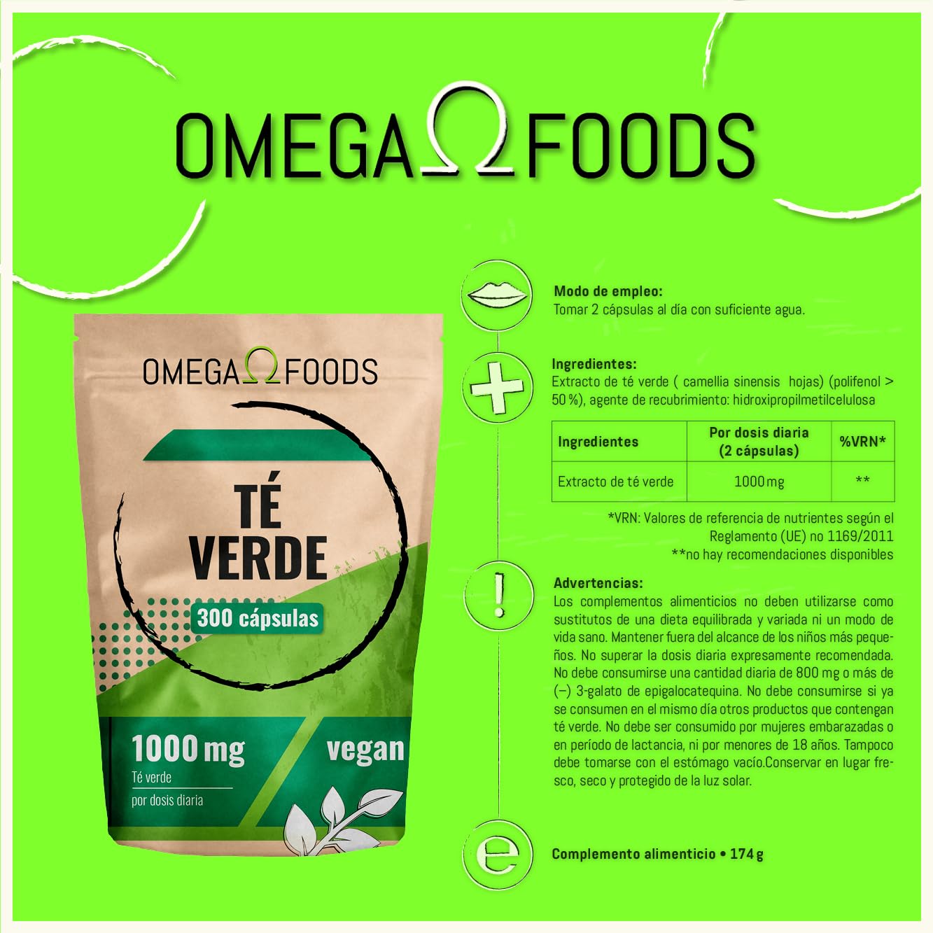Cápsulas de té verde – 300 cápsulas de extracto de té verde altamente dosificado – 1 000 mg por dosis diaria – Extracto de téverde