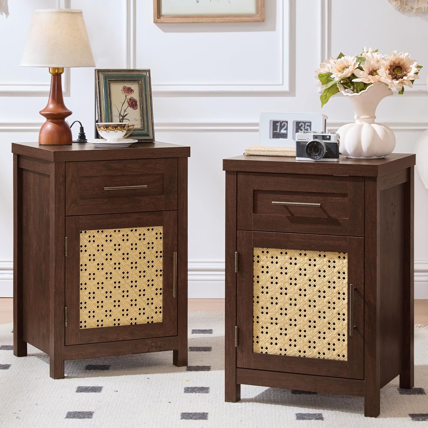 Amazon.com: YUFAM Small Nightstand Set of 2 - Boho Rattan Night Stand ...