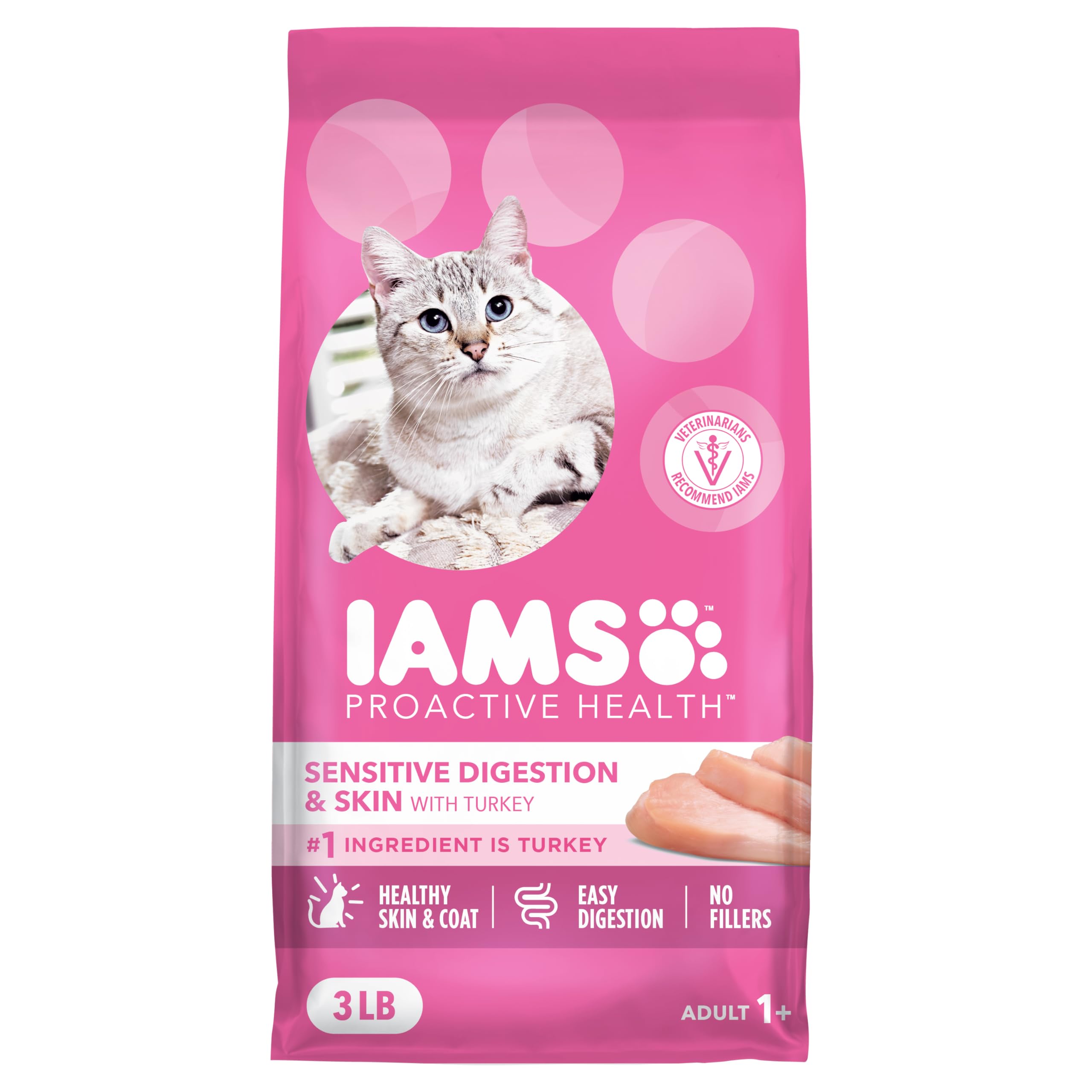 Iams IAMS PROACTIVE HEALTH Adult Sensitive Digestion & Skin Dry Cat Food with Real Turkey Cat Kibble, 3 lb. Bag