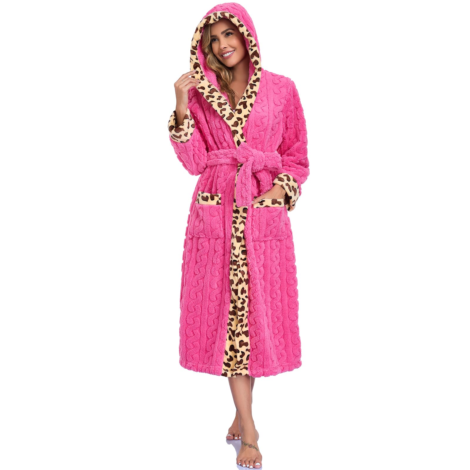 RONGTAI Accappatoio Donna con Cappuccio in Pile Loop, Stampa Leopardata - Morbido, Caldo ed Elegante, Tendenza Moda per Casa, SPA e Regalo