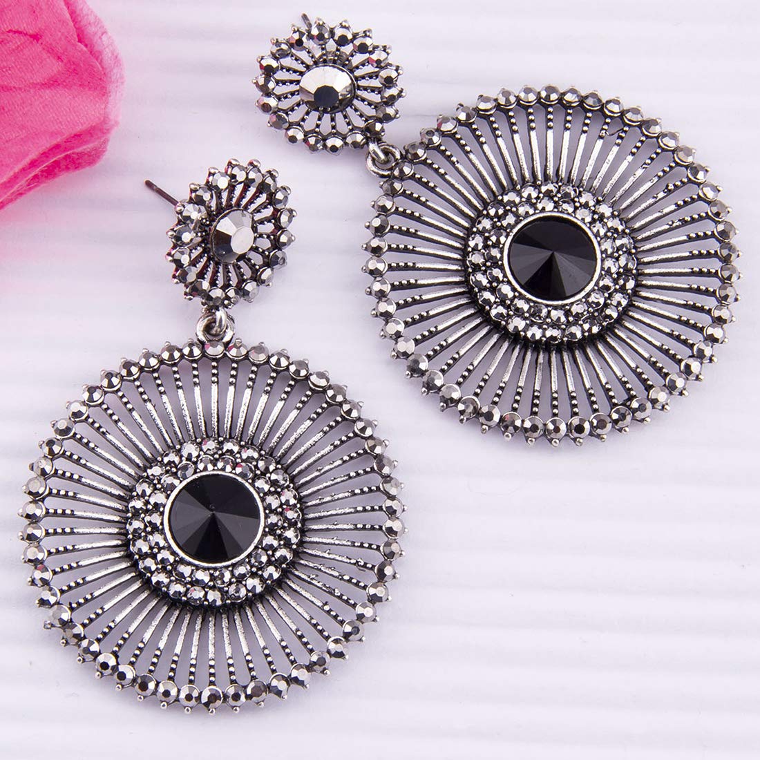 Floral Oxidized Statement Drop Earrings