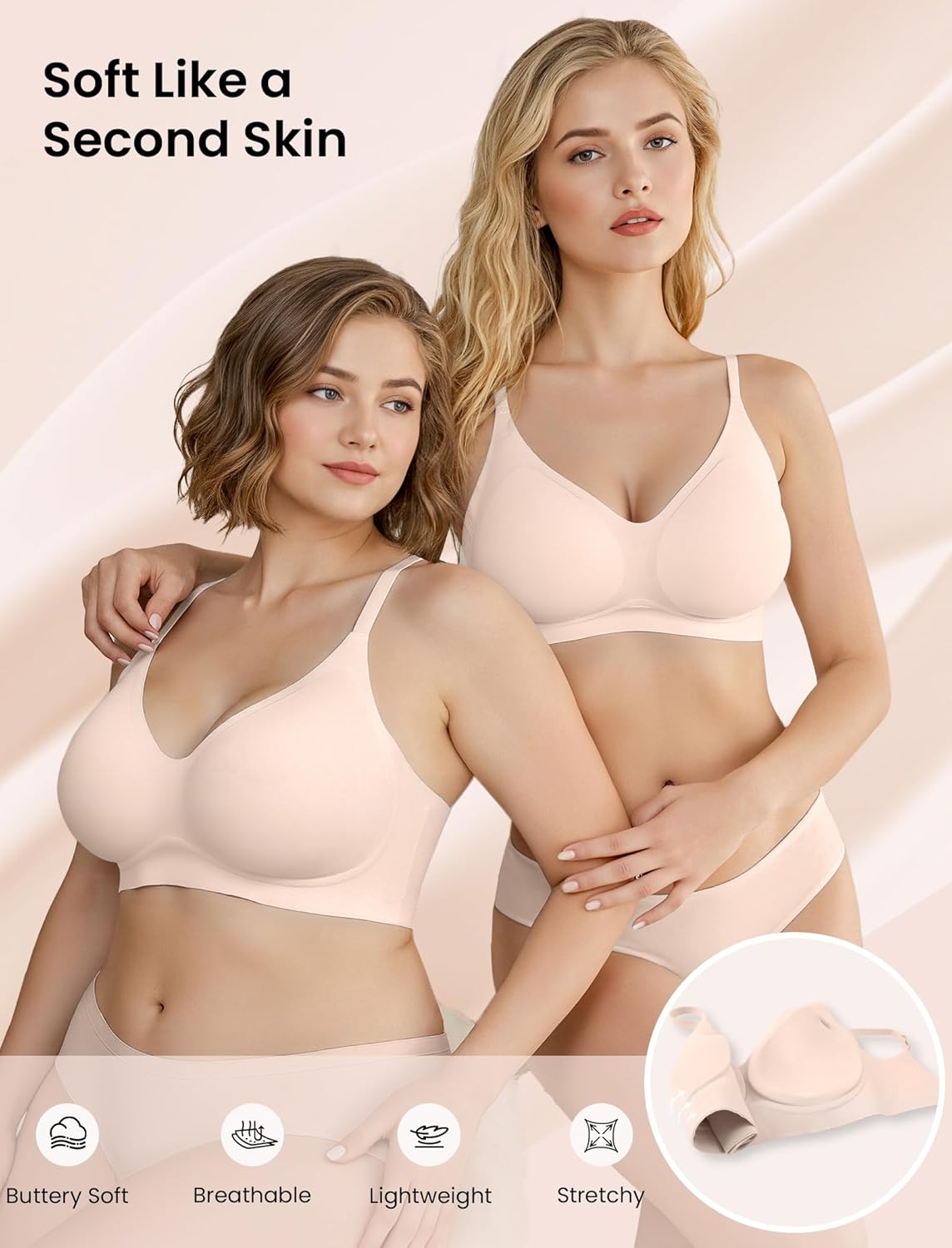 Vertvie Wireless Bras for Women Full Coverage Supportive Seamless Bralettes No Underwire Push Up Comfort Soft T-Shirt Bra