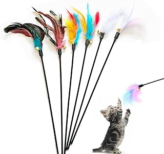 IUHKBH Cat Wands, 6 PCS Interactive Cat Feather Toys Cat Teaser with Bell - 18' Long Feather Wand for Cat and Kitten