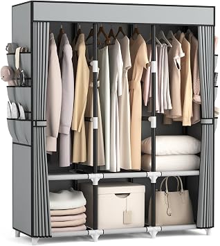 VTRIN Portable Closet Wardrobe for Hanging Clothes Closet with Cover, 3 Hanging rods, 6 Storage Shelves and Side Pocket, Diameter 19mm Metal Pipe, Sturdy Free Standing Closet for Bedroom