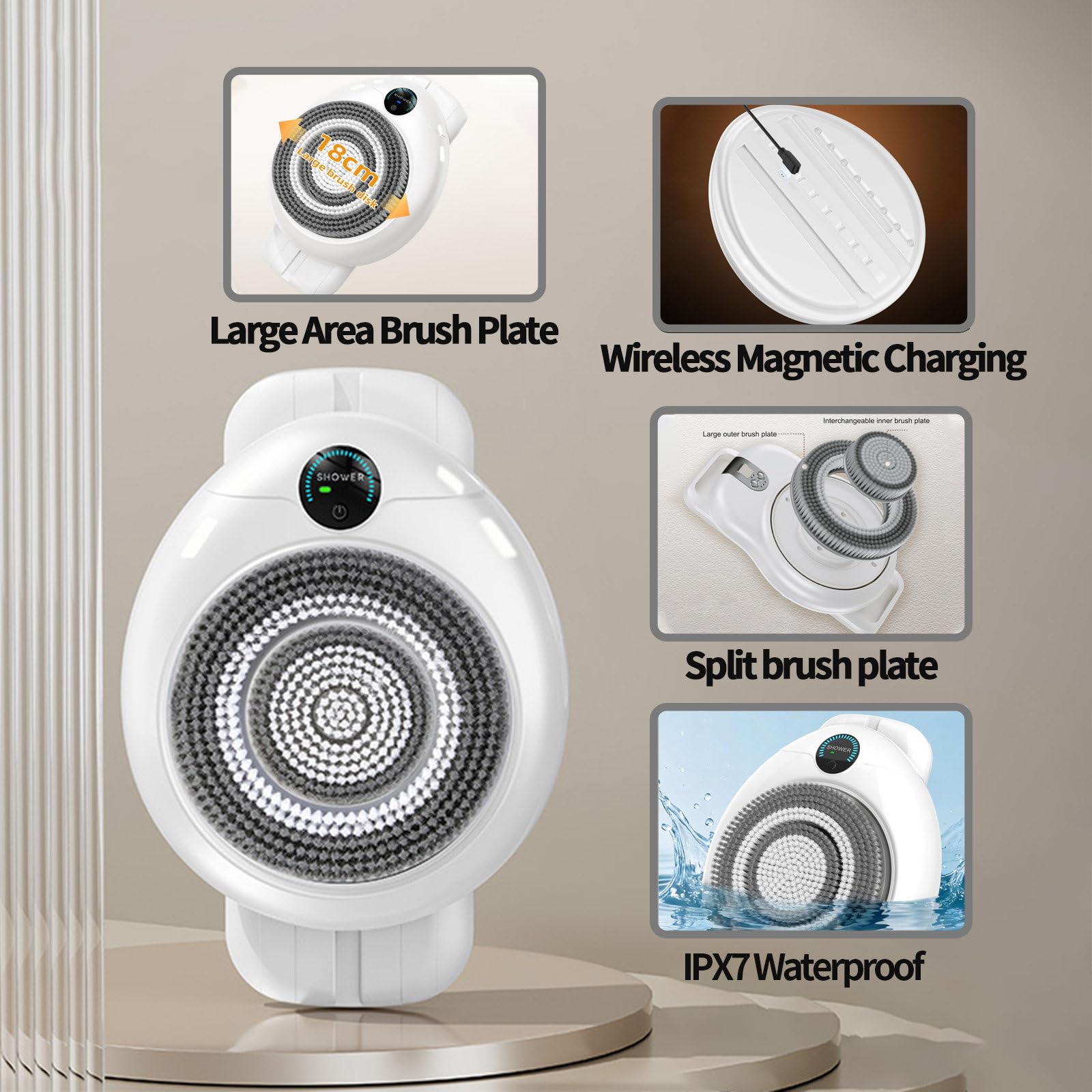 Cepillo eléctrico de Ducha para la Espalda, con 3 velocidades de Ajuste, Cepillo Exfoliante Inteligente, Ideal para Hombres y Mujeres, fácil de Instalar.