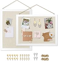 AMUSIGHT 2-Pack Double-Sided Linen Cork Boards 16x12 - Hanging Wood Framed Bulletin Vision Boards for Office Home School Decor, 20 Pins (Vintage White)