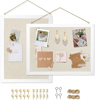 AMUSIGHT 2-Pack Double-Sided Linen Cork Boards 16x12 - Hanging Wood Framed Bulletin Vision Boards for Office Home School Decor, 20 Pins (Vintage White)