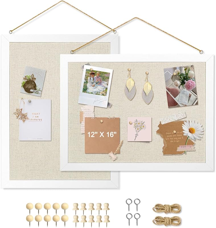 2-Pack Double-Sided Wood Framed Cork Board with Linen, 16" x 12" | Hanging Bulletin Board, Picture Display Vision Board Kit Corkboards for Wall Room School Office Decor, 20 Pushpins (Beige)