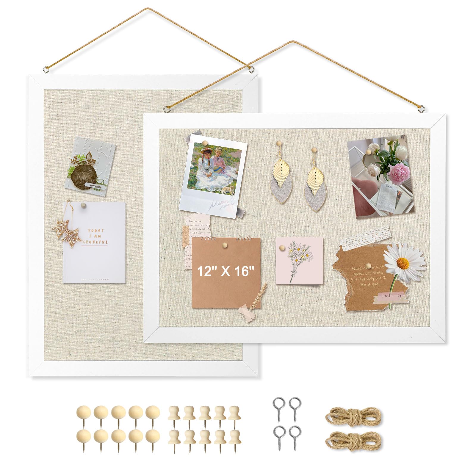 2-Pack Double-Sided Cork Board with Linen, 16" x 12" Hanging Wood Framed Bulletin Board, Picture Display Vision Board Kit Corkboards for Wall School Office Decor, 20 Pushpins (Vintage White)