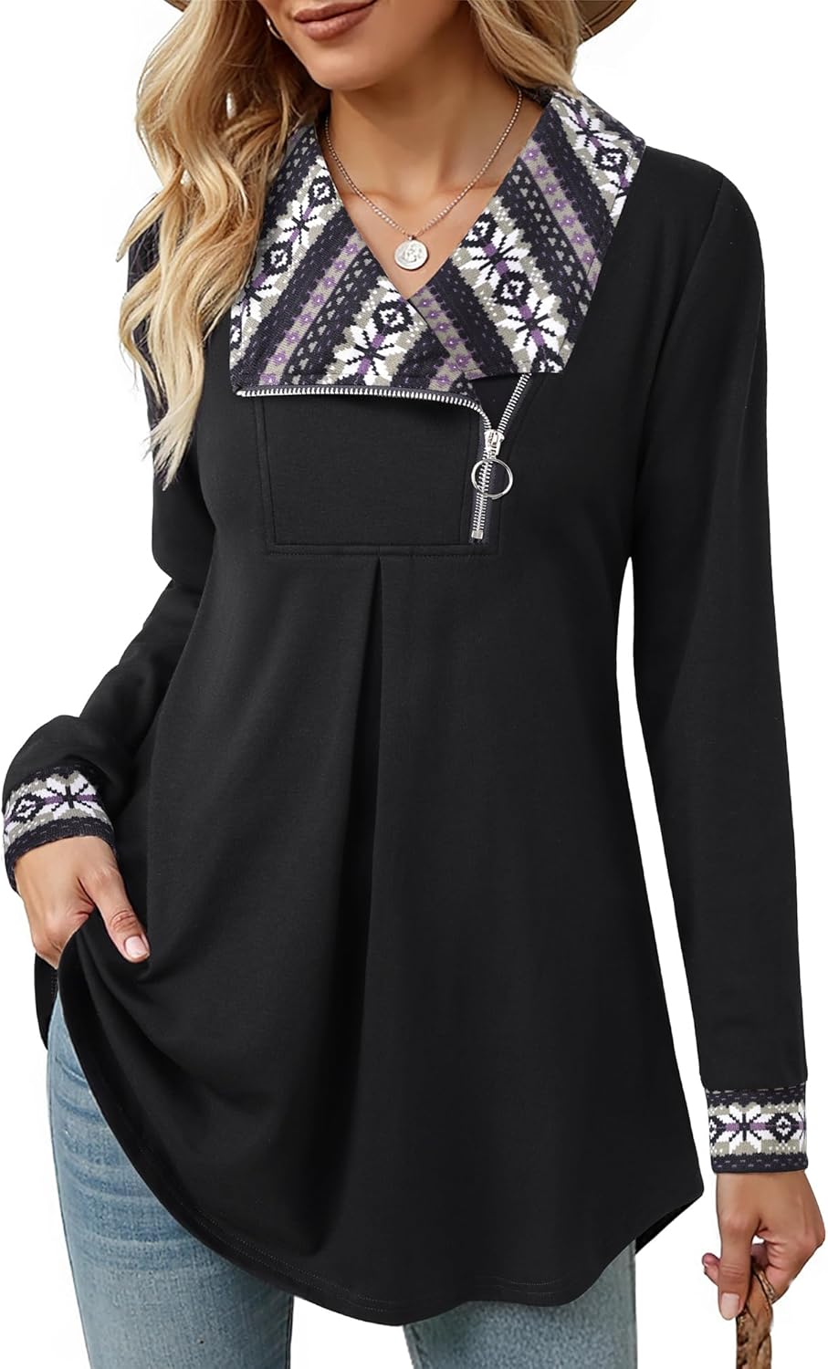 VALOLIA Women's Casual Swing Sweatshirt Long Sleeve Zipper Lapel Fashion Pullover Tunic