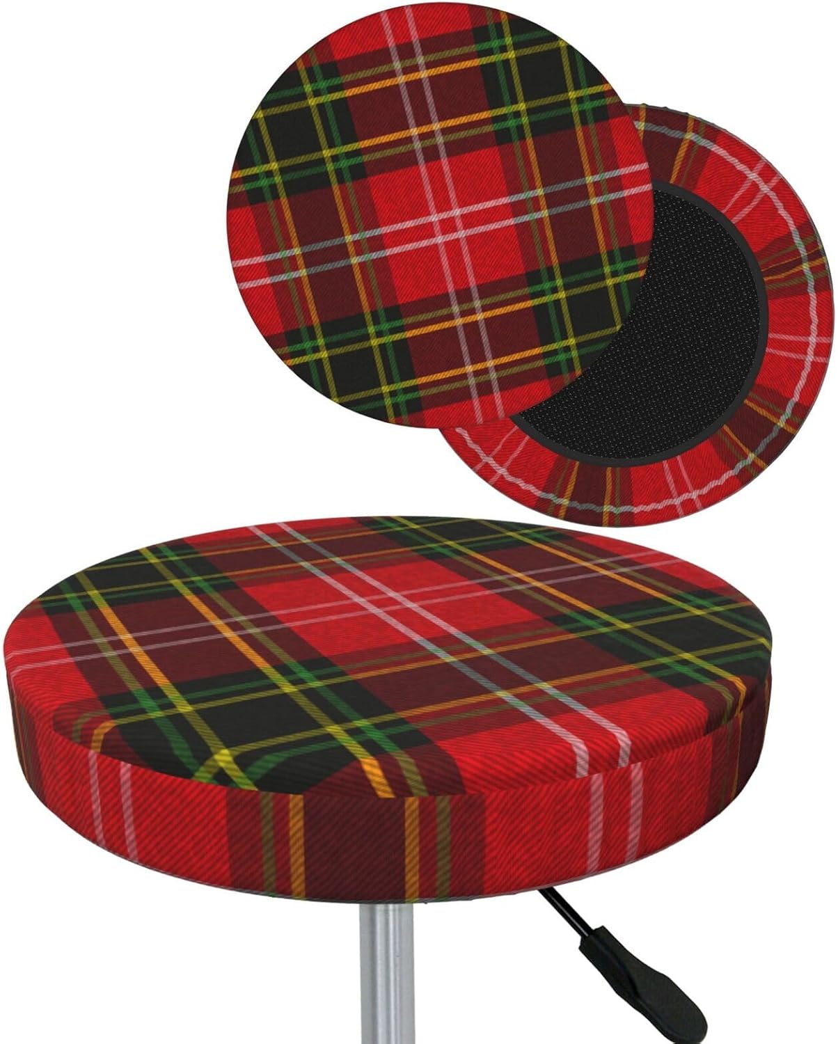 Tartan Plaid Red Green Stool Slipcover Round Set of 2, Washable Elastic Barstool Seat Cushion Covers for 14 inch