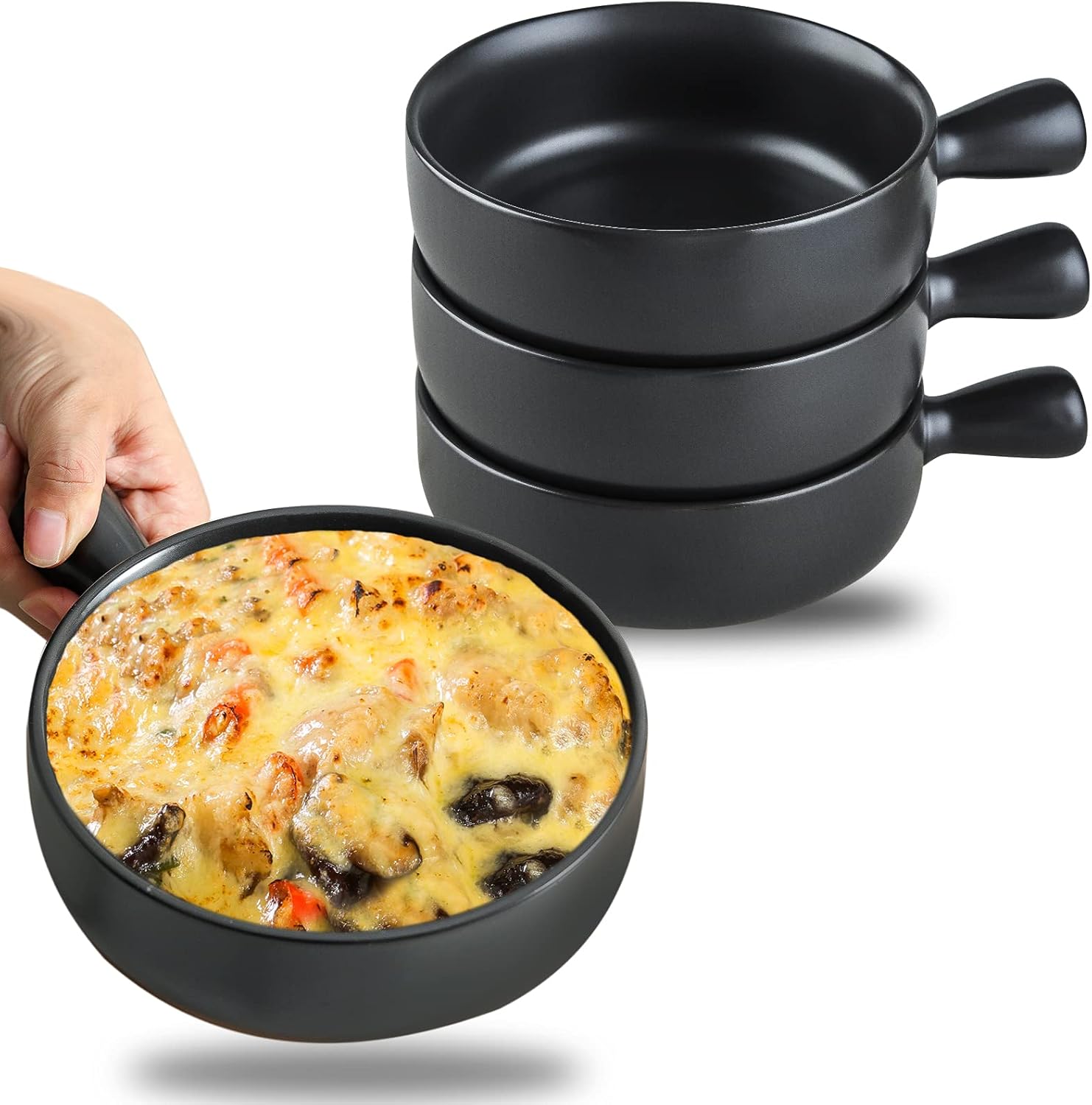  | Wabhas Set of 4 French Onion Soup Bowls, Easy to Grip Handles, Durable Matte Glaze Ceramic Oven Safe,20 Ounce,Black: Soup Bowls