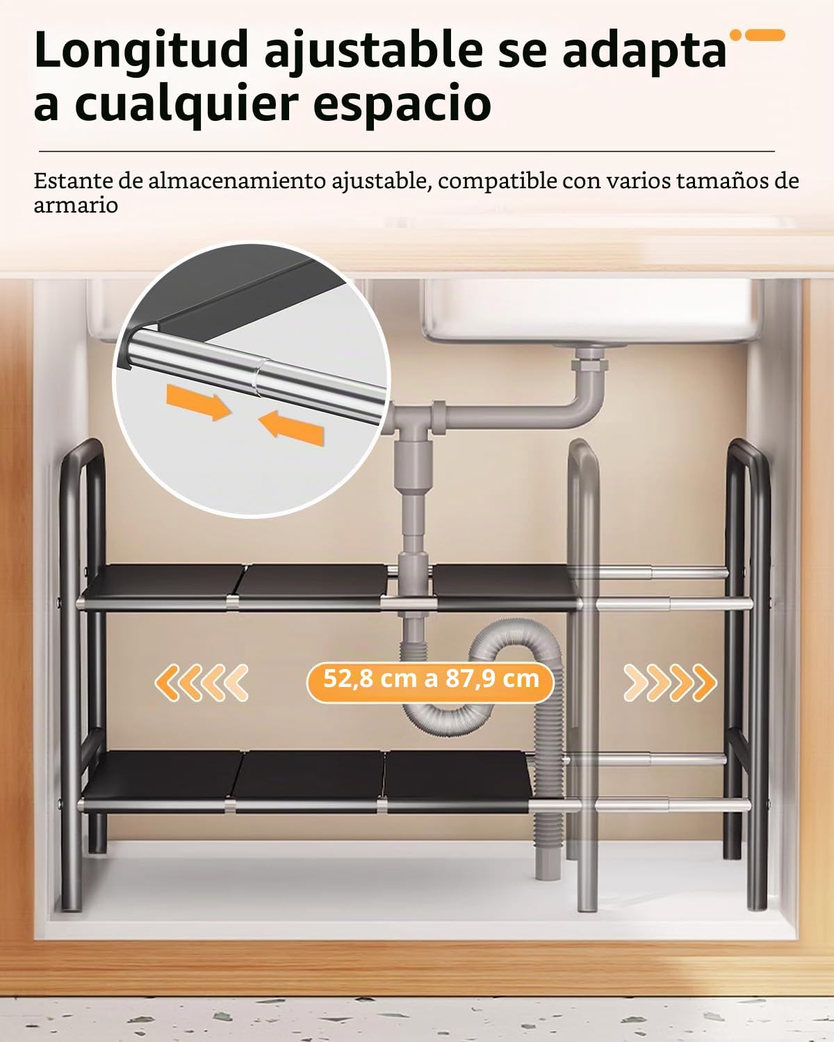 Estanterías Almacenaje para Cocina – Dimensiones Ajustables de 49 x 25 x (52,5~88) cm, Estante Extensible bajo Fregadero en Acero Inoxidable, Organizador Armario (8 Paneles)