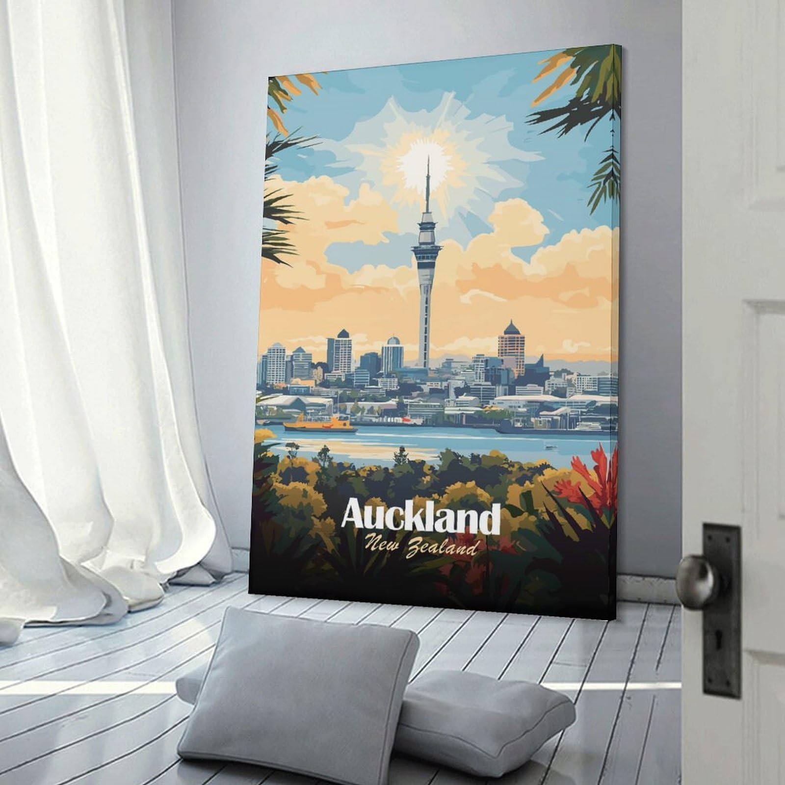 Junmoney Auckland Skyline Wall Picture Print 20x30inch(50x75cm), for Work Areas, Reading Rooms Or Studios, An Interior Accent for Desk Areas