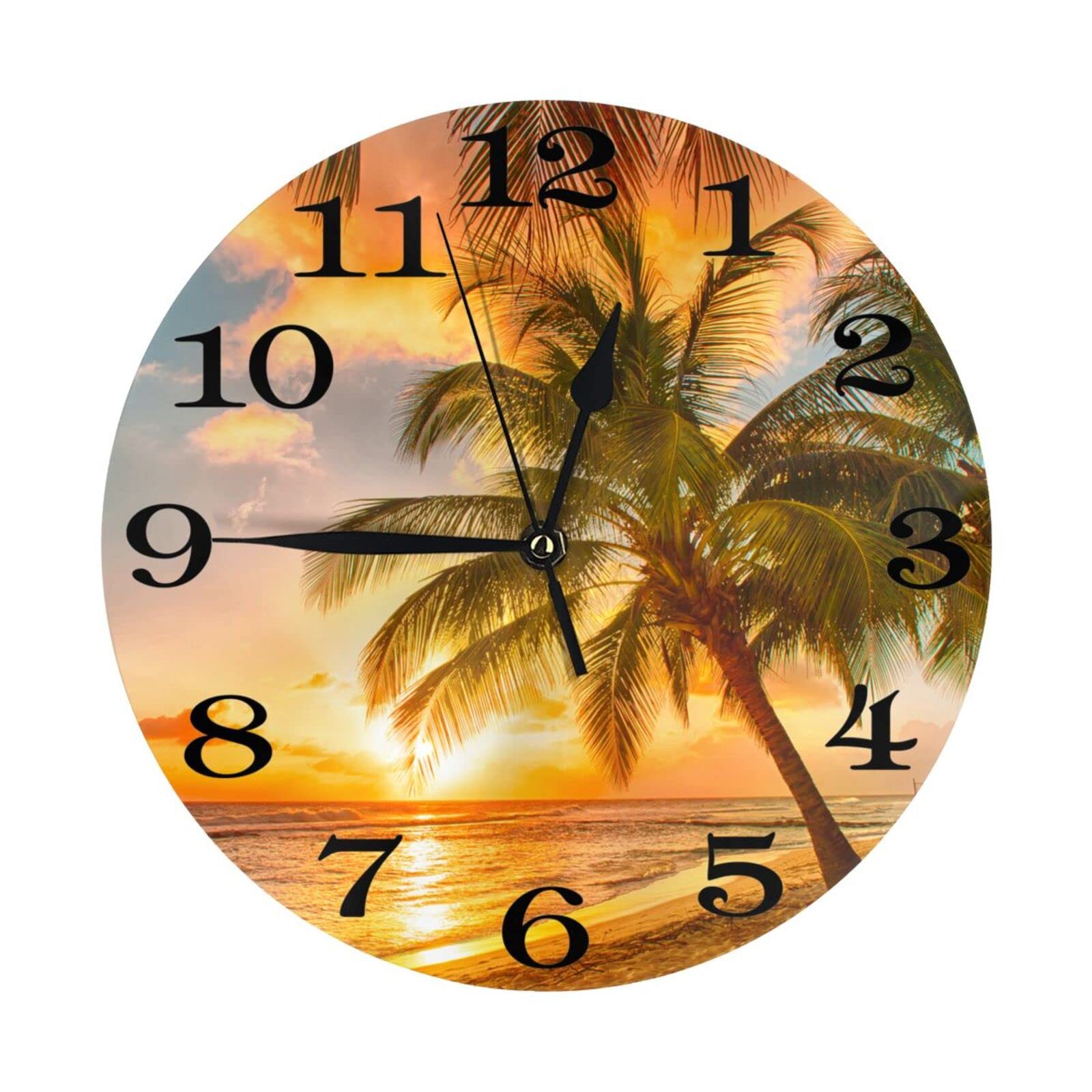 Palm Tree and Tropical Beach Wall Clock Battery Operated Silent Round Clock Sunset Over The sea Wall Decor for Home Office School, 12 Inch