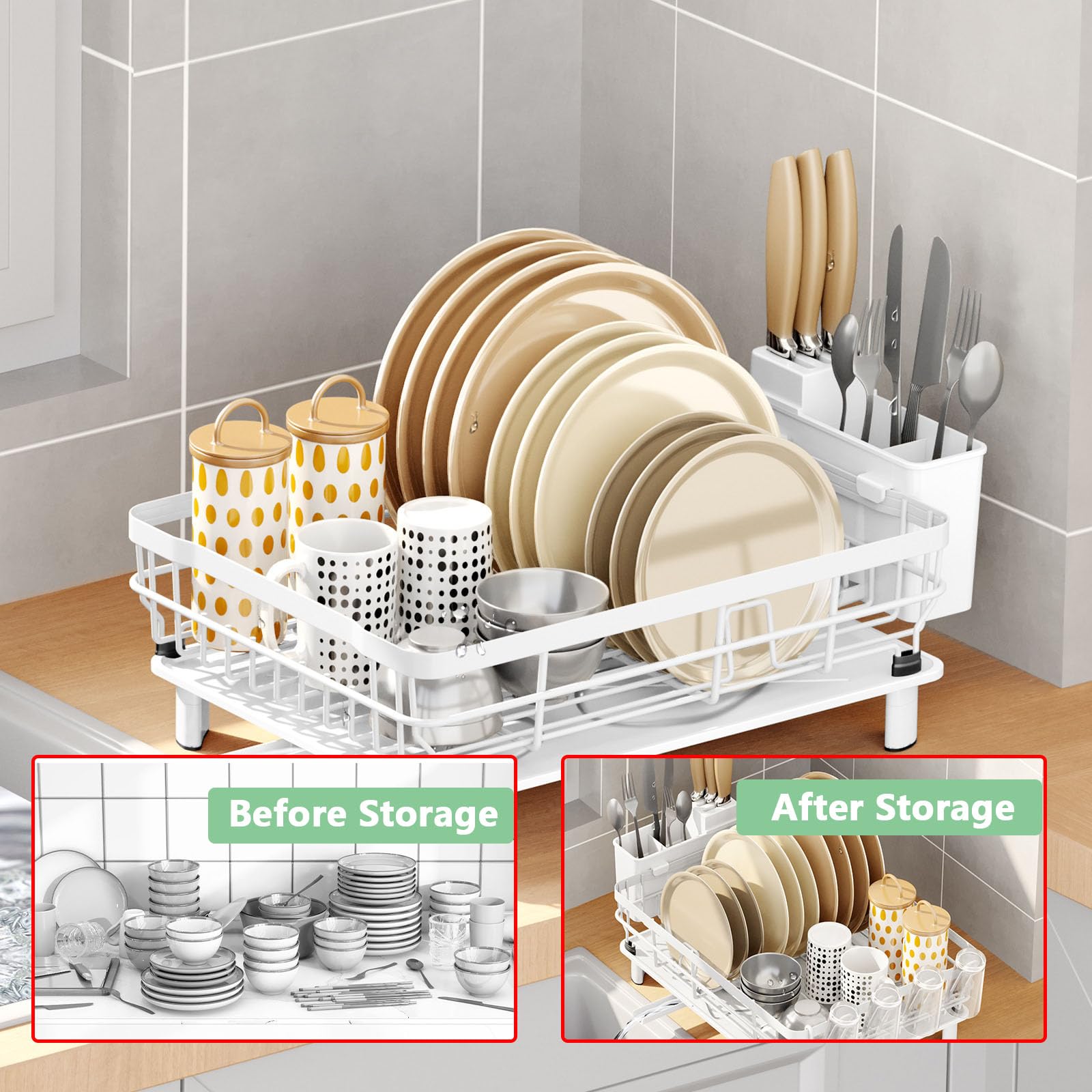 Escurridor de Vajilla de Un Solo Nivel para Encimera con Caja de Almacenamiento Lateral para Cuchillos y Cubiertos, para Platos Cuencos Tazas Vasos y Utensilios de Cocina,Gris