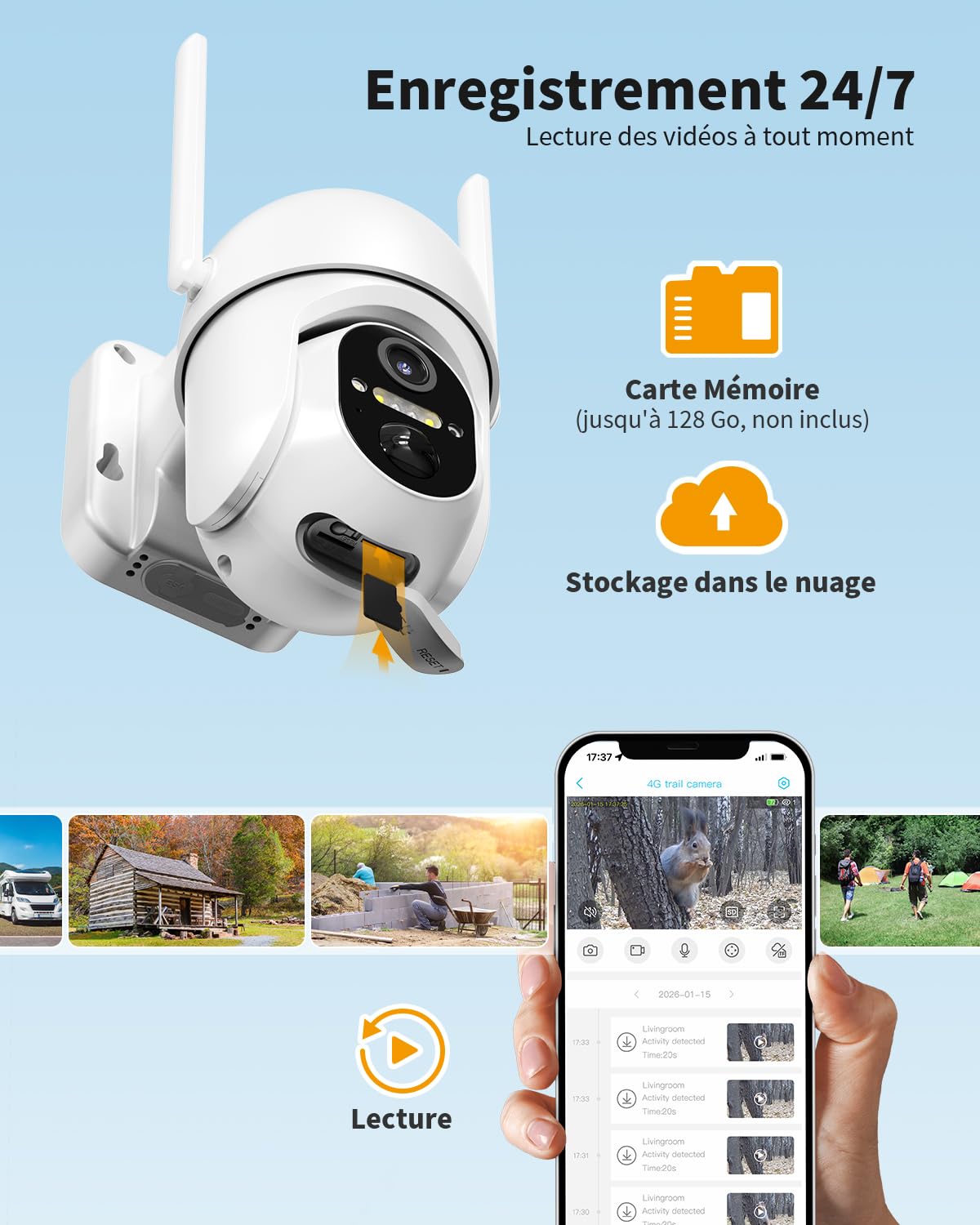 Camera 4G Solaire Exterieur sans Fil sans WiFi avec Carte SIM | 2K 3MP Camera de Surveillance Solaire-Batterie 10400mAh, Panneau 6W, Vision Nocturne 20m, PIR, Audio Bidirectionnel, IP66