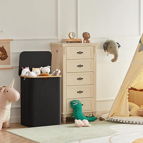 Miniatura 200 de Lifewit Cesta grande de 100 litros con tapa para ropa con asas de bambú y bolsa extraíble, plegable para dormitorio, baño, residencia universitaria