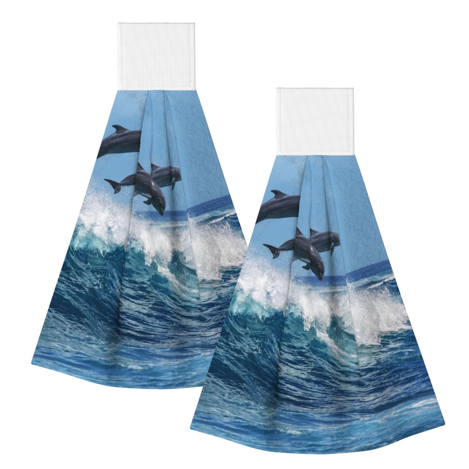 DOPKLNA Ocean Wave Dolphins, 2 Pcs Hanging Coral Fiber Hand Towels for Bathroom, Absorbent Kitchen Towels