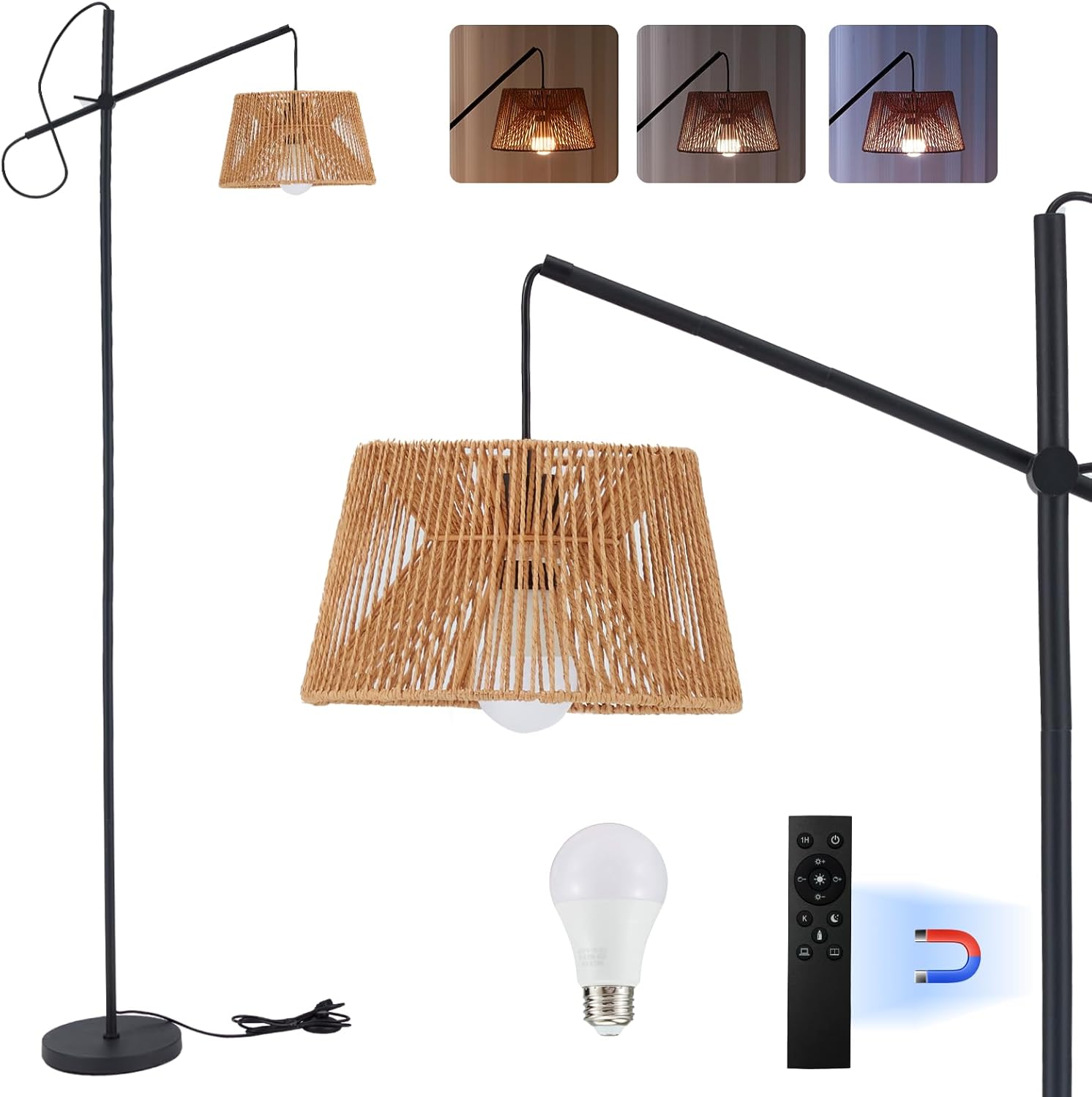 OGACFO Arc Floor Lamp with Remote, Boho Floor Lamp with 3 Color Temperatures, 2700K-6500K Dimmable Rattan Standing Lamp with LED Bulb and Foot Switch, Adjustable Tall Lamp for Living Room Bedroom