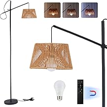 Arc Floor Lamp with Remote, Boho Floor Lamp with 3 Color Temperatures, 2700K-6500K Dimmable Rattan Standing Lamp with LED Bulb and Foot Switch, Adjustable Tall Lamp for Living Room Bedroom