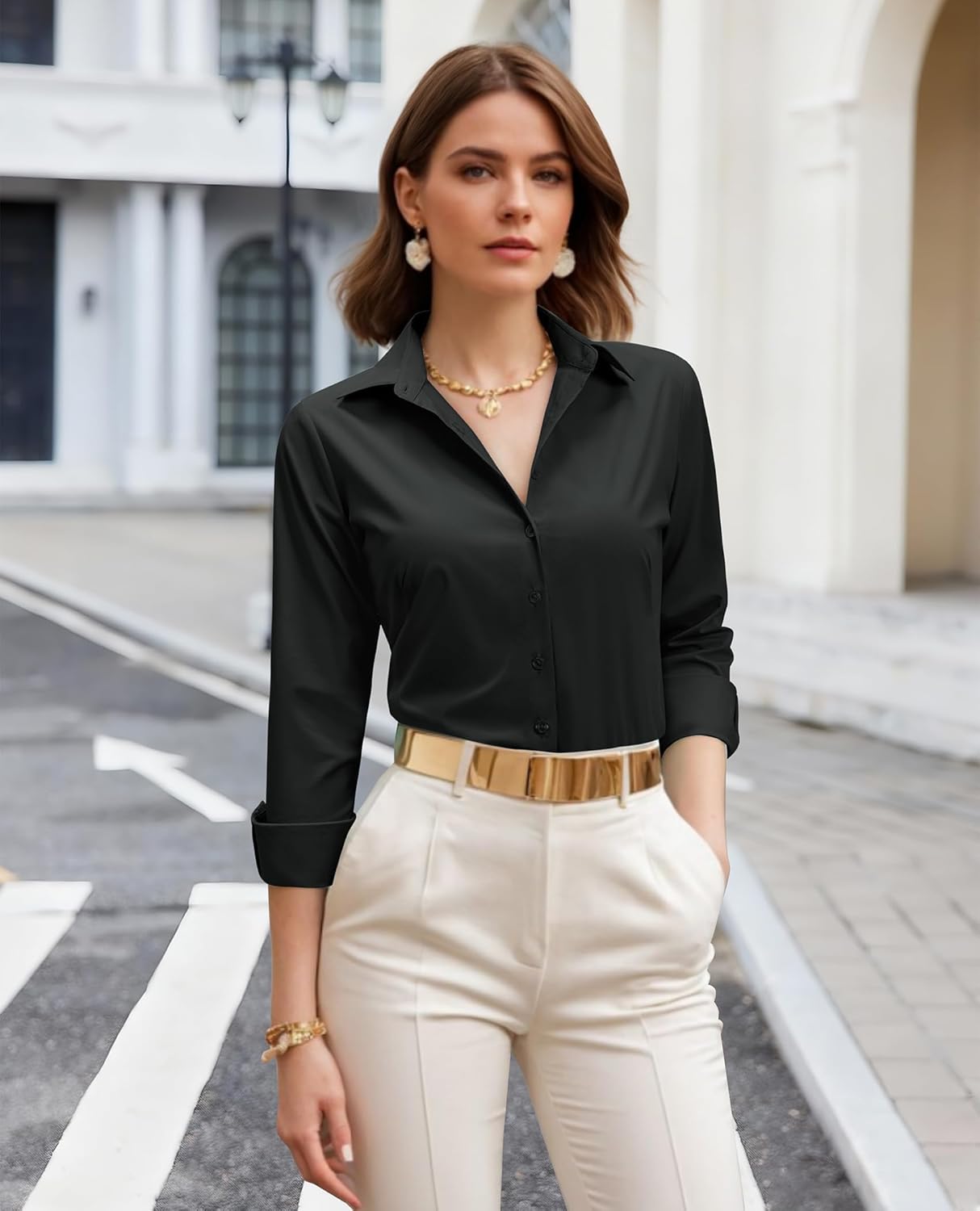 siliteelon Womens Button Down Shirt: Dress Shirt Collared Long Sleeve Shirt Tailored Waist Casual Work Blouse - Image 2