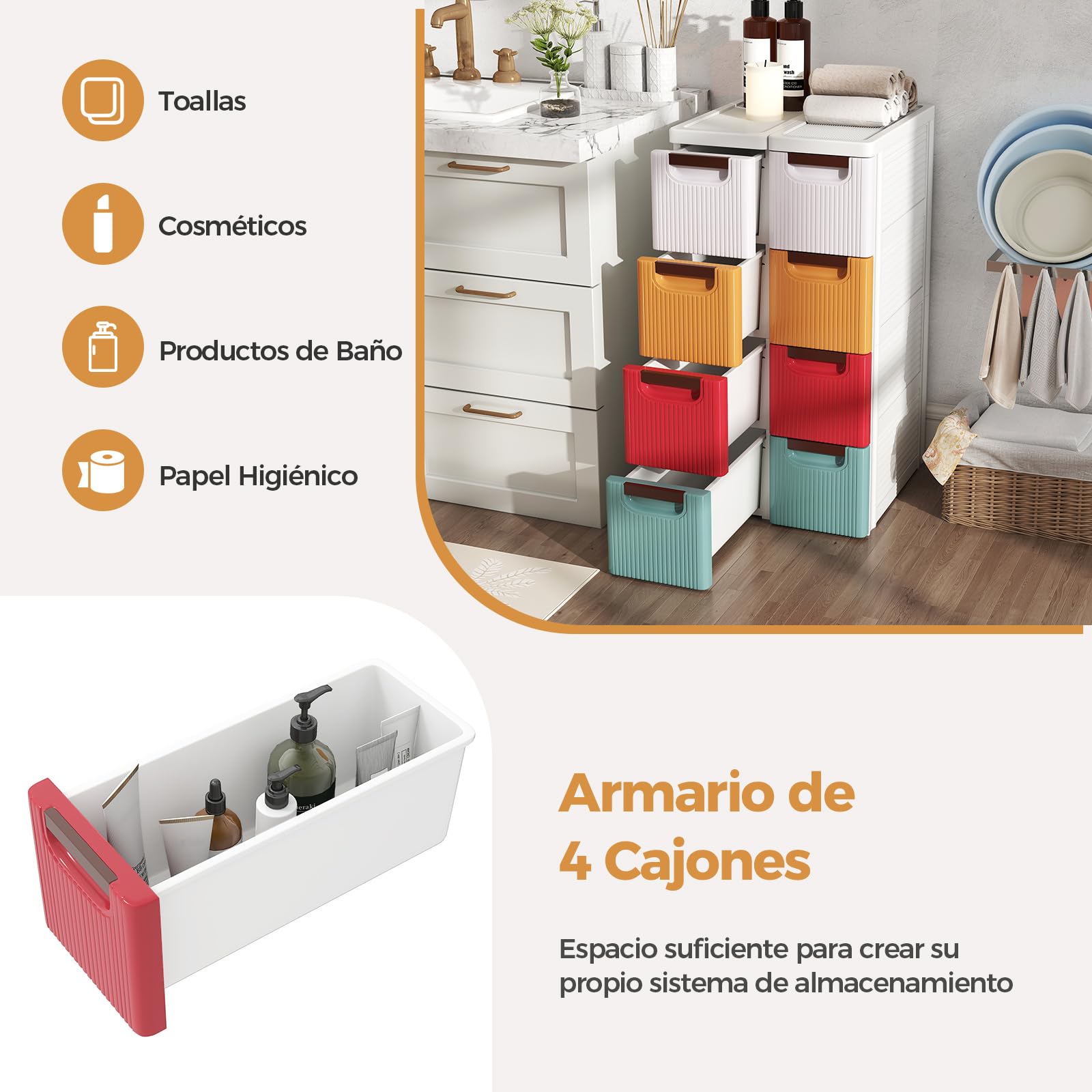 COSTWAY Comoda Dormitorio con Cajones, Gabinete de Almacenamiento Estrecho con Ruedas Incorporadas y Prácticas Asas de Tracción, Armario de Baño Pequeño para Dormitorio y Salón
