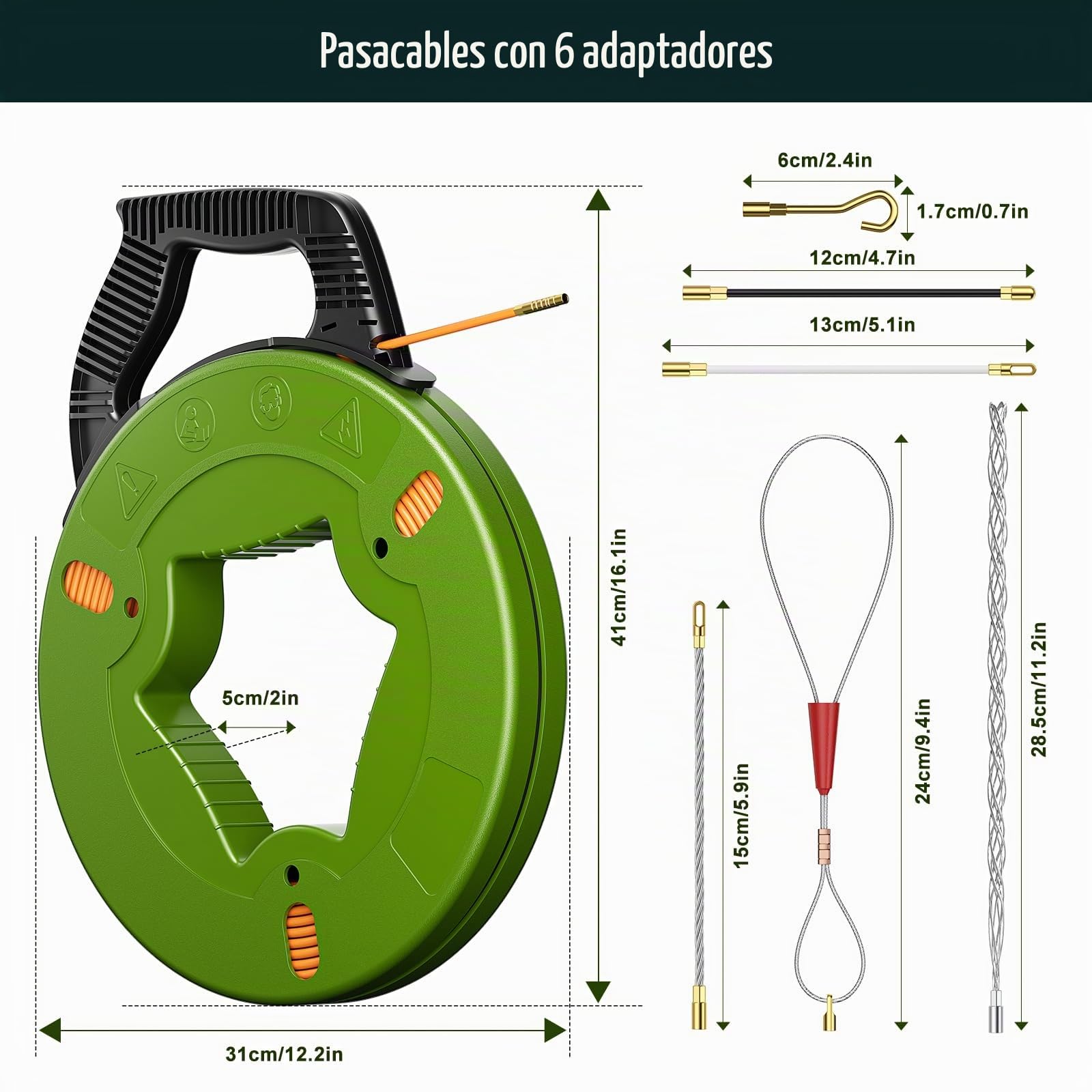 50m Guia Pasacables Profesional, 4.5mm de diámetro Sonda Elettricista Guia Electricista con 5 Adaptadores, Pasacables Electrico para Tirar de Cable Guía