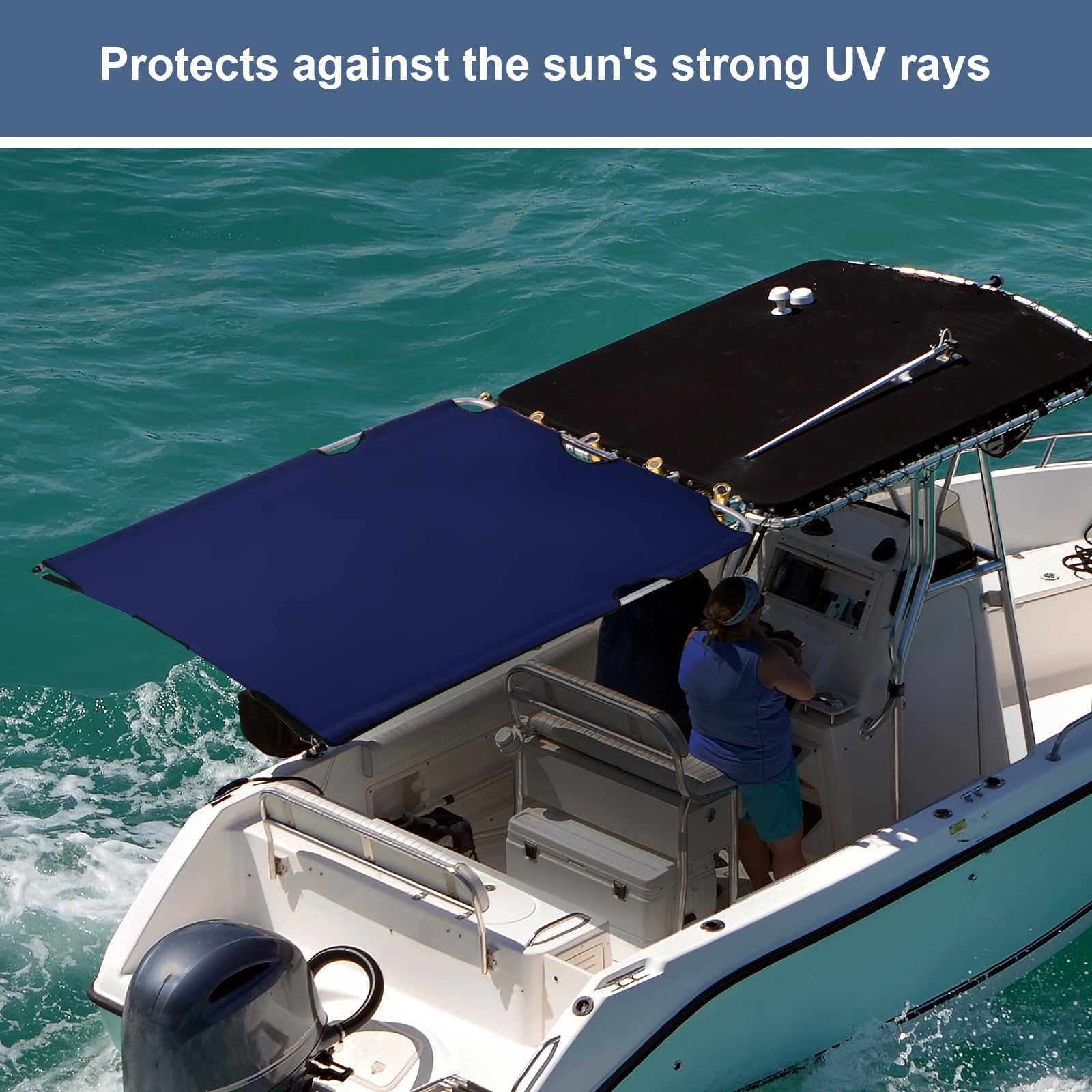 TeBaisea Boat Shade Canopy Top Cover for T-Top Center Console Stern Rod Holder, High-Tech Polyester Fiber, Blue