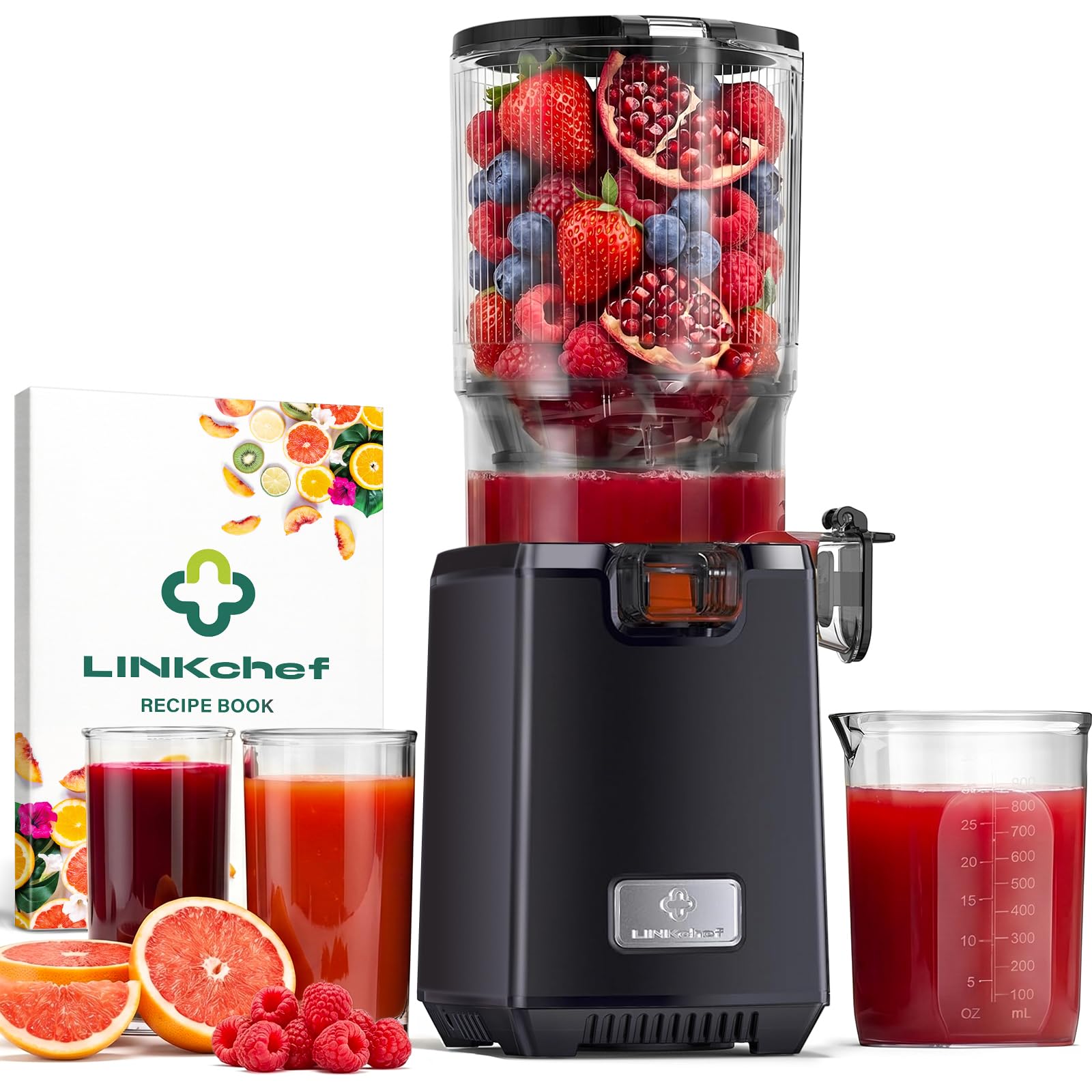 LINKChef Estrattore Frutta e Verdura, Estrattore di Succo a Freddo 250 W con Imboccatura Larga 13 cm, Juicer Machine Senza BPA, 1,8 L, Facile da Pulire, Ricette Incluse