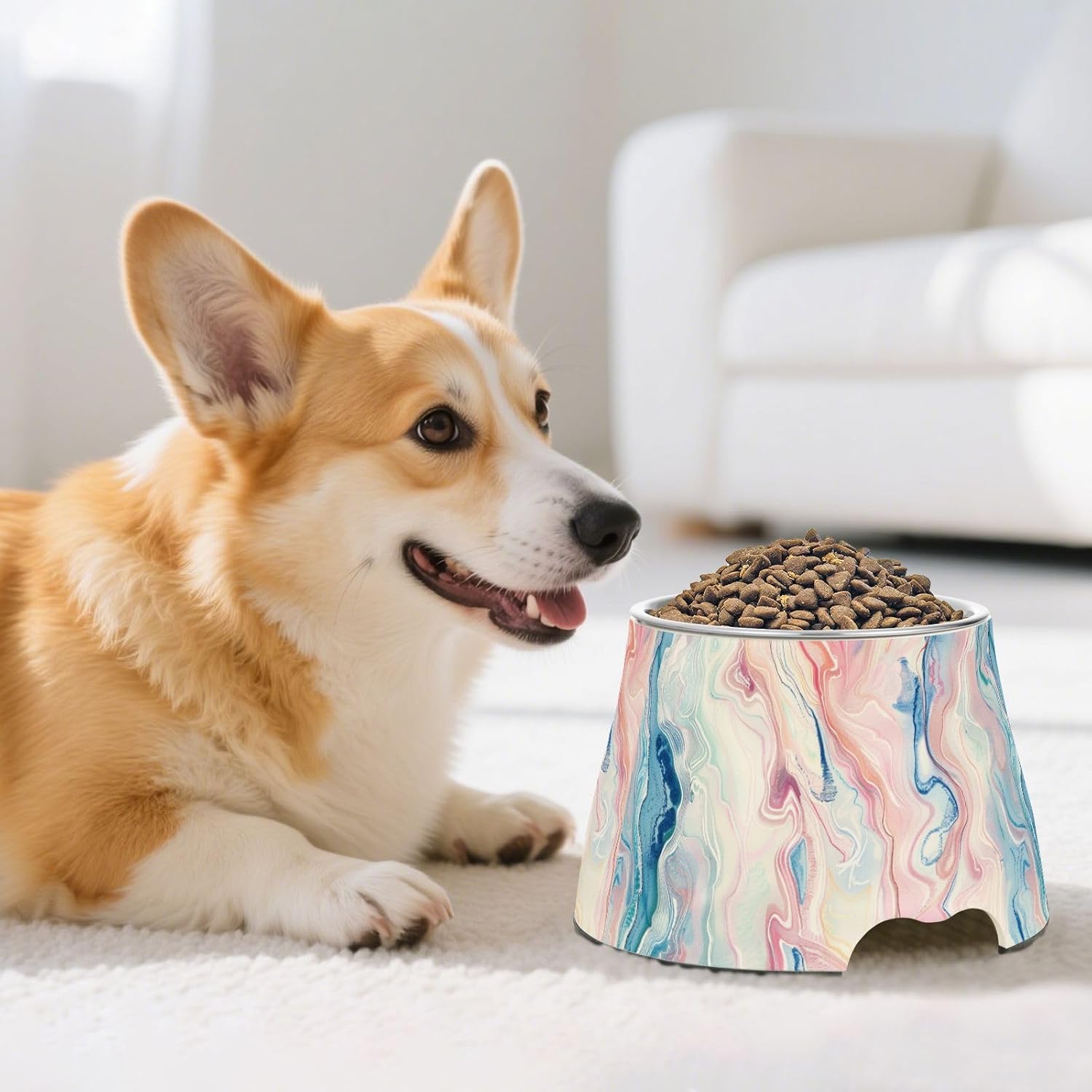Blue Marble Pattern Pets Food Bowls Non Slip Stainless Steel Cats Basic Bowls for Dogs Cats Rabbits Birds Whisker Fatigue