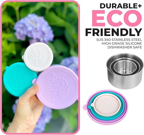 kinsho Cajas de aperitivos de acero inoxidable con tapas de silicona para niños, contenedores de lonchera para niñas y niños pequeños, sin derrames,