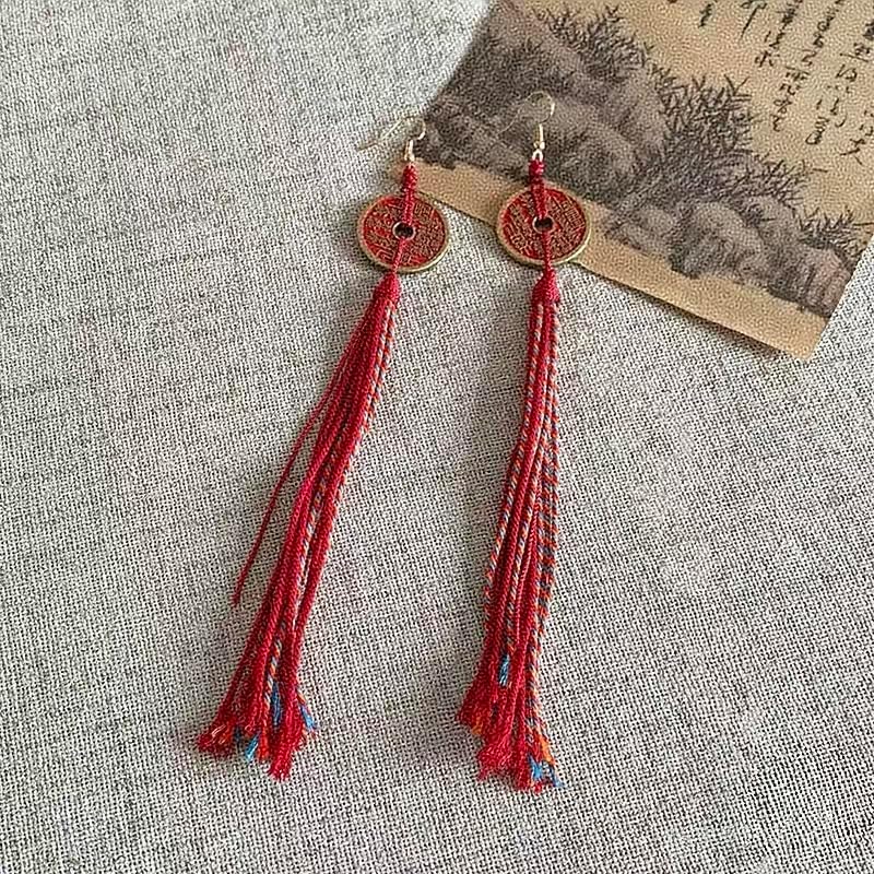 Neo-Chinese Style 925 Silver Tassel Earrings - Fortune Coin Lucky Chinese Style Dangle Earrings - Image 4