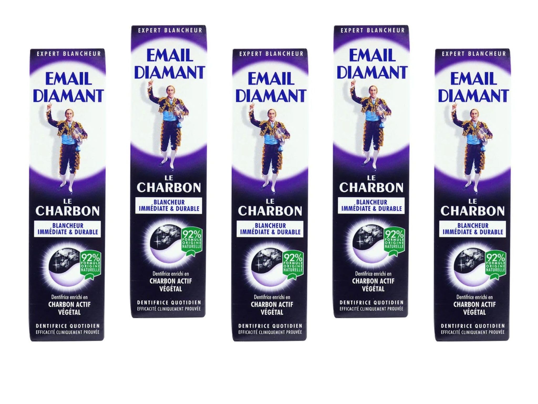Diamant Le Charbon - Pasta de dientes blanqueadora diaria con carbón activado cosmético original, 75 ml, tamaño grande, 5 tubos
