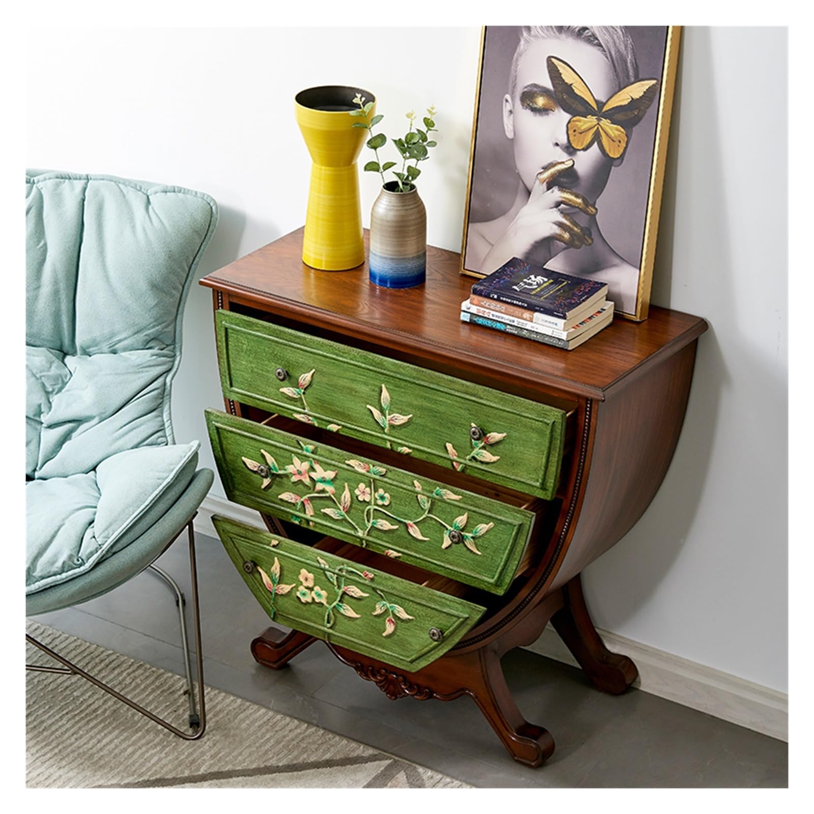 Cenz-888 Drawer Dresser for Bedroom Painted Entryway Chest Vintage Chest of  Drawers European Semi-circle Decorative Cabinet Bedroom Storage Drawer 