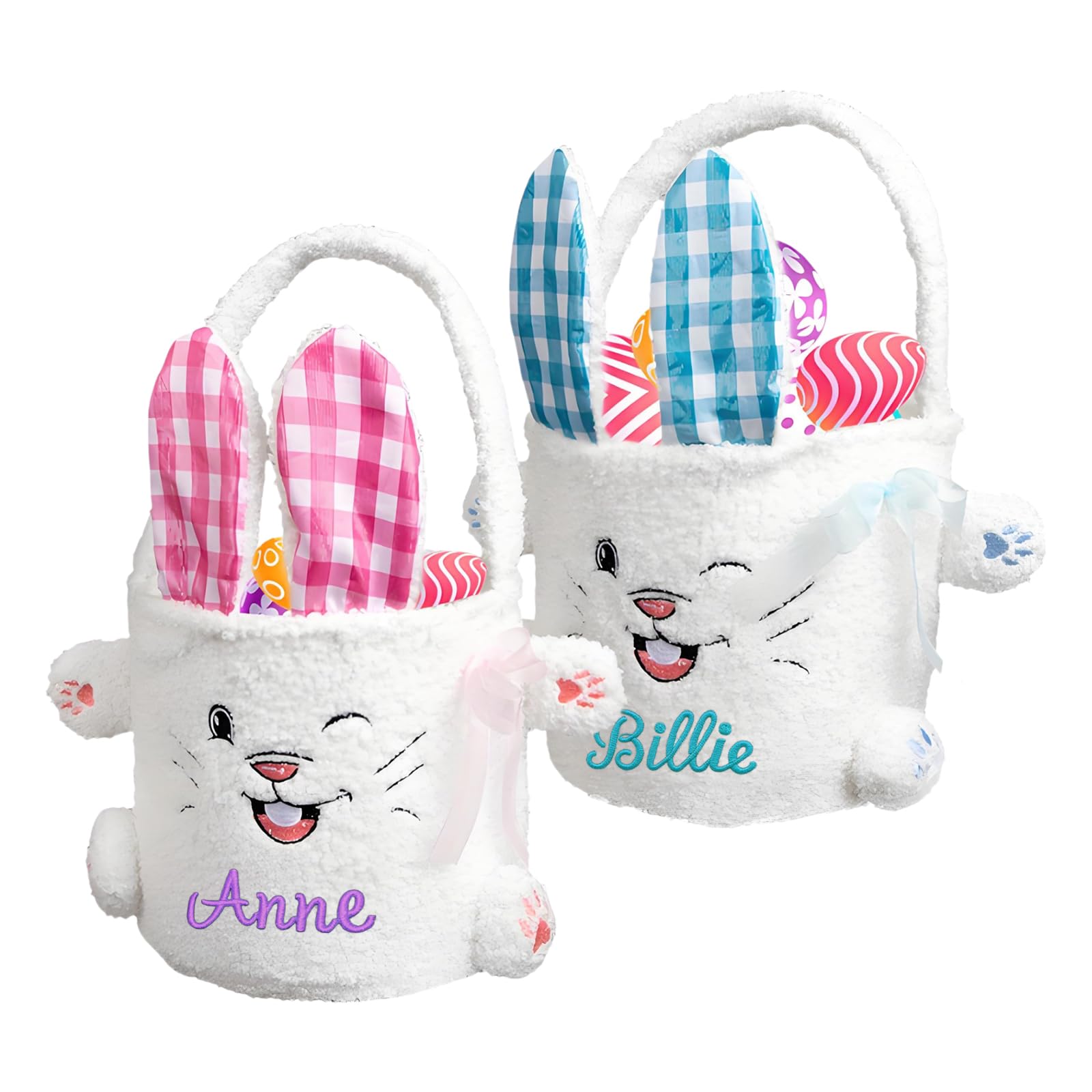 Personalized Easter Bunny Basket for Girls, Embroidered Easter Bucket Bags with Custom Name, Rabbit Ears Easter Eggs Hunting Gift Candy Treats Storage Basket