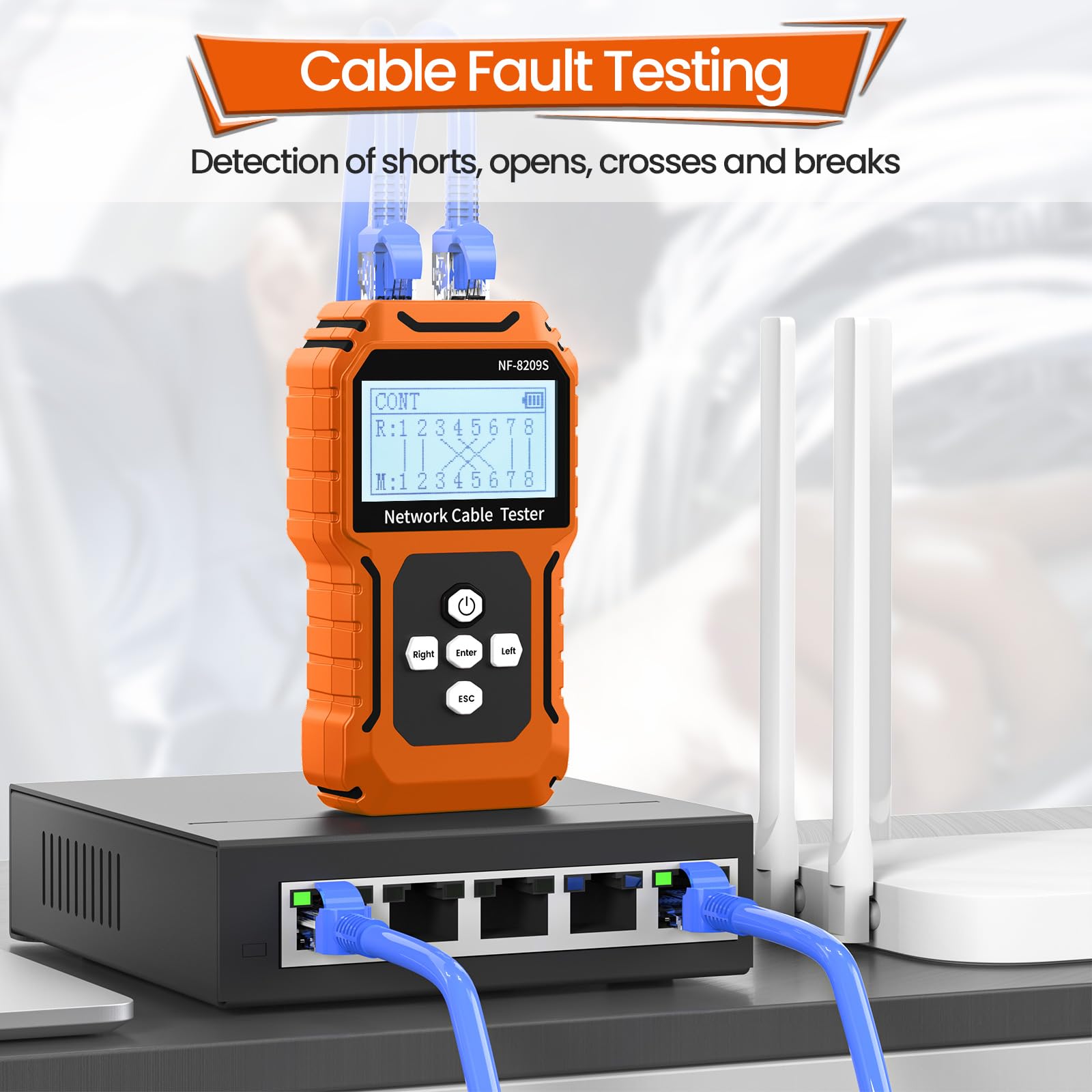 NF-8209S Netzwerkkabeltester mit PoE, Kabellängenmessung, Port-Blinkfunktion, RJ11/RJ45-Kabeltester, CAT5/CAT6-LAN-Netzwerktester, multifunktionale Anti-Interferenz-Scanmodi, Kabelverfolgung