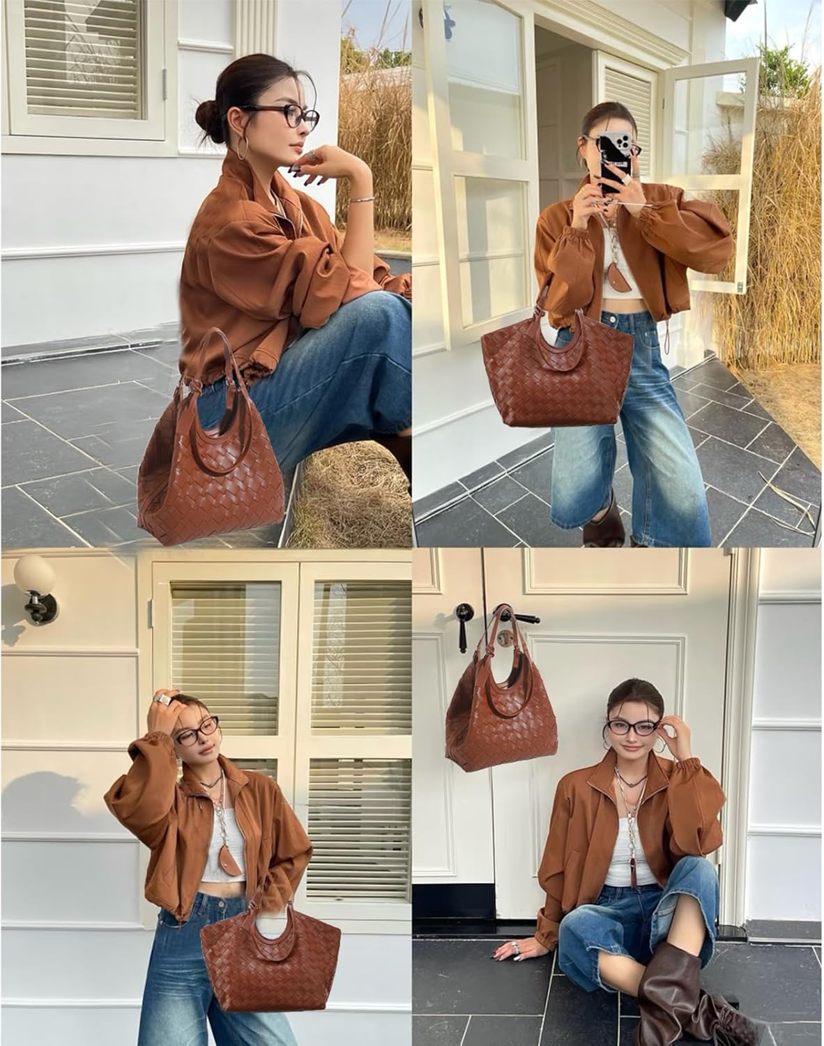 2025 Large Capacity Woven Tote Shoulder Bag for Women - Spacious Handbag for Daily Commute Travel (Brown) - Image 2